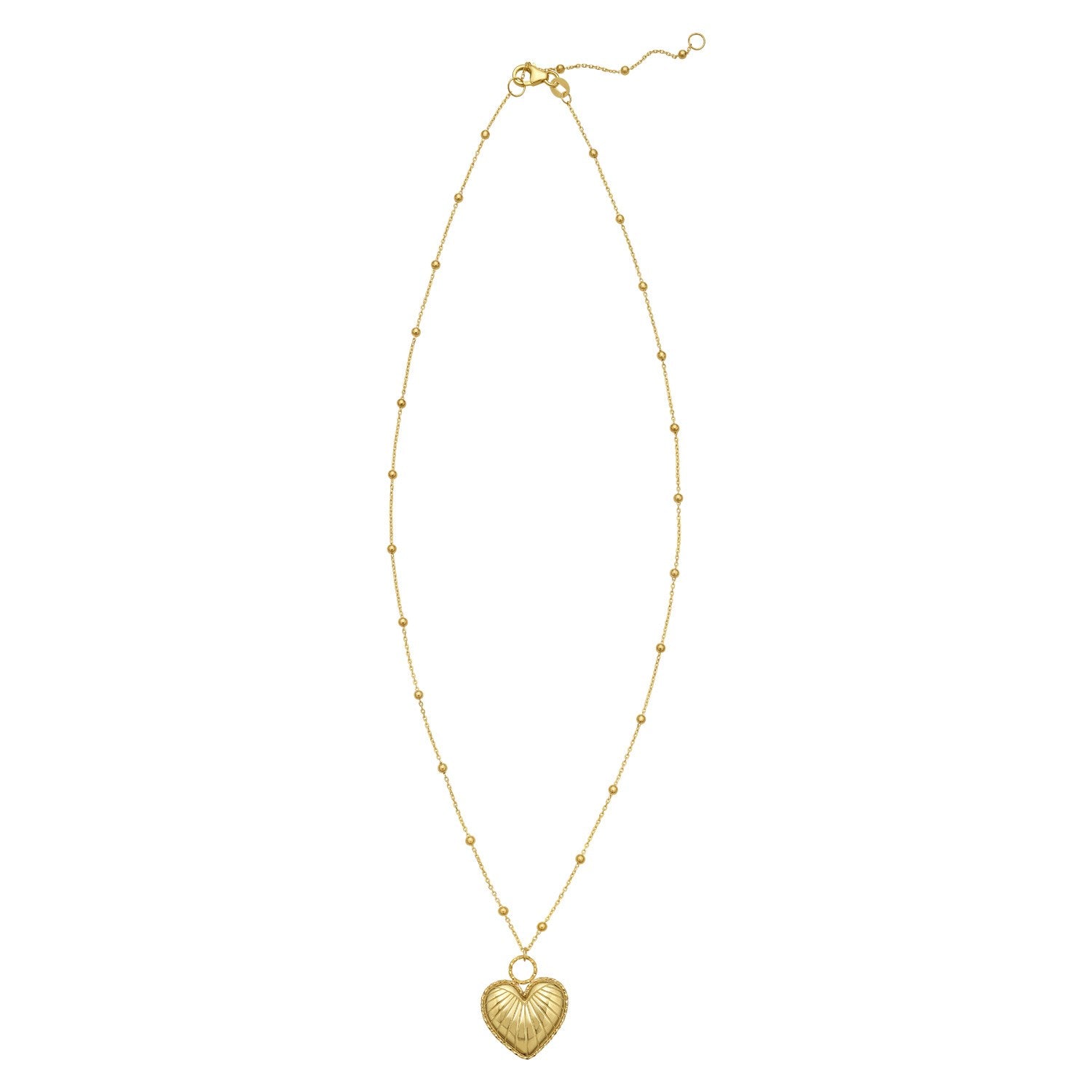 14K yellow gold necklace with a puffed heart pendant on a bead station chain.