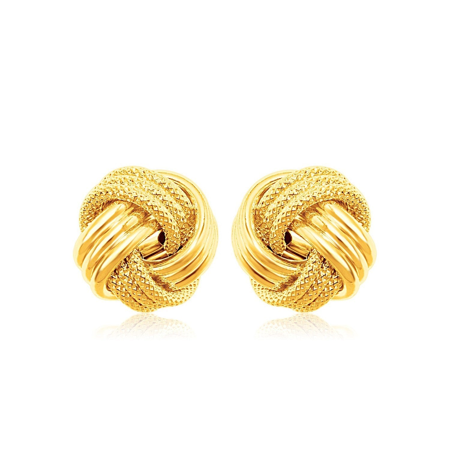 10k yellow gold love knot earrings with ridge texture and high polish finish.