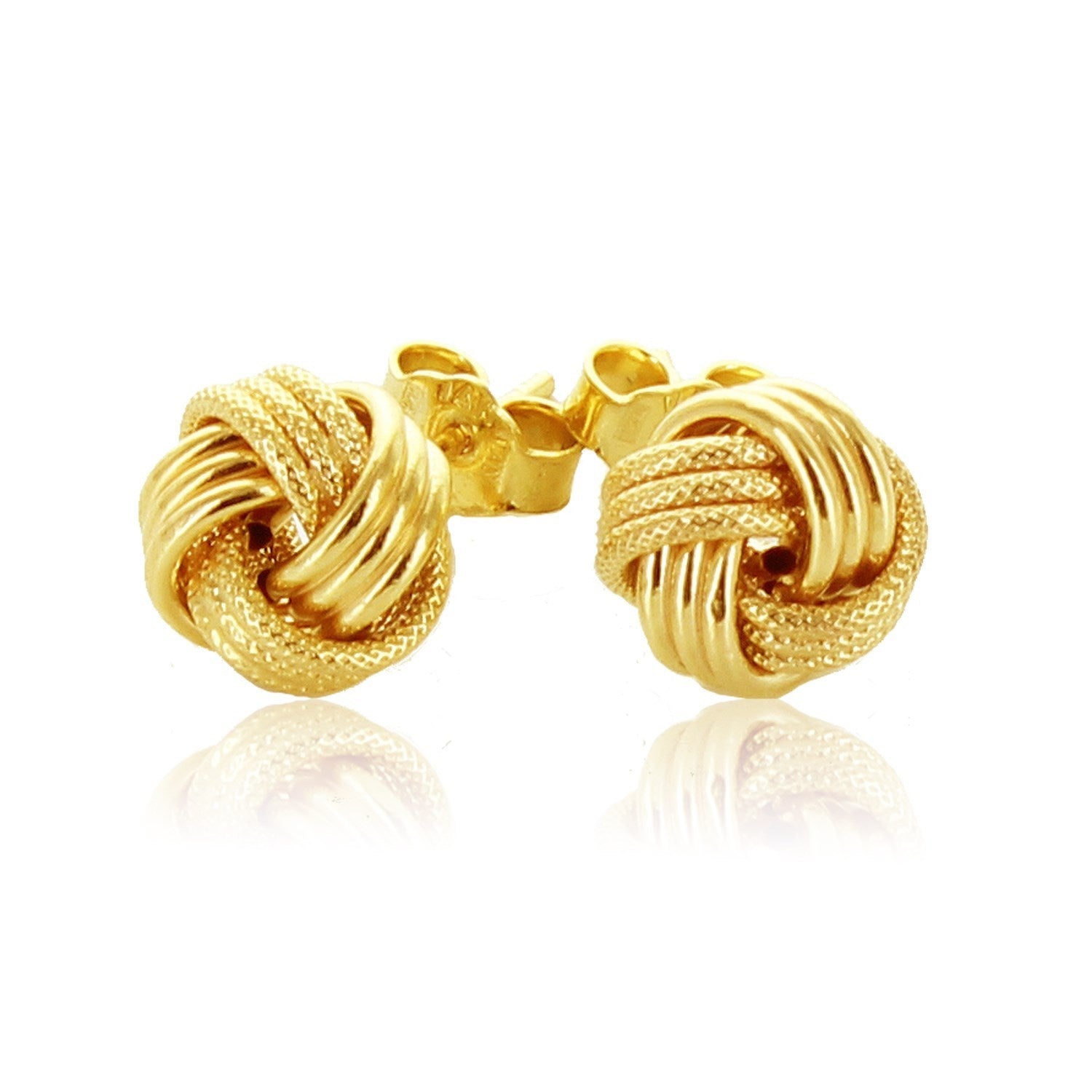 10k yellow gold love knot earrings with ridge texture and push backs.
