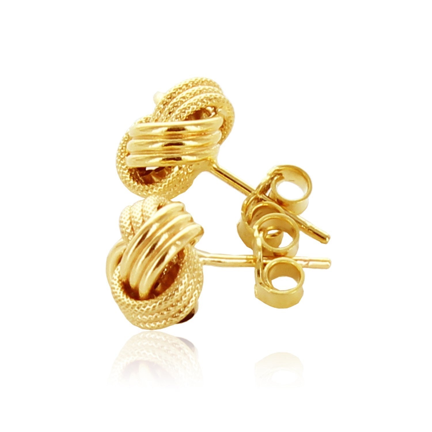 10k yellow gold love knot earrings with a ridge texture and push-back closures.