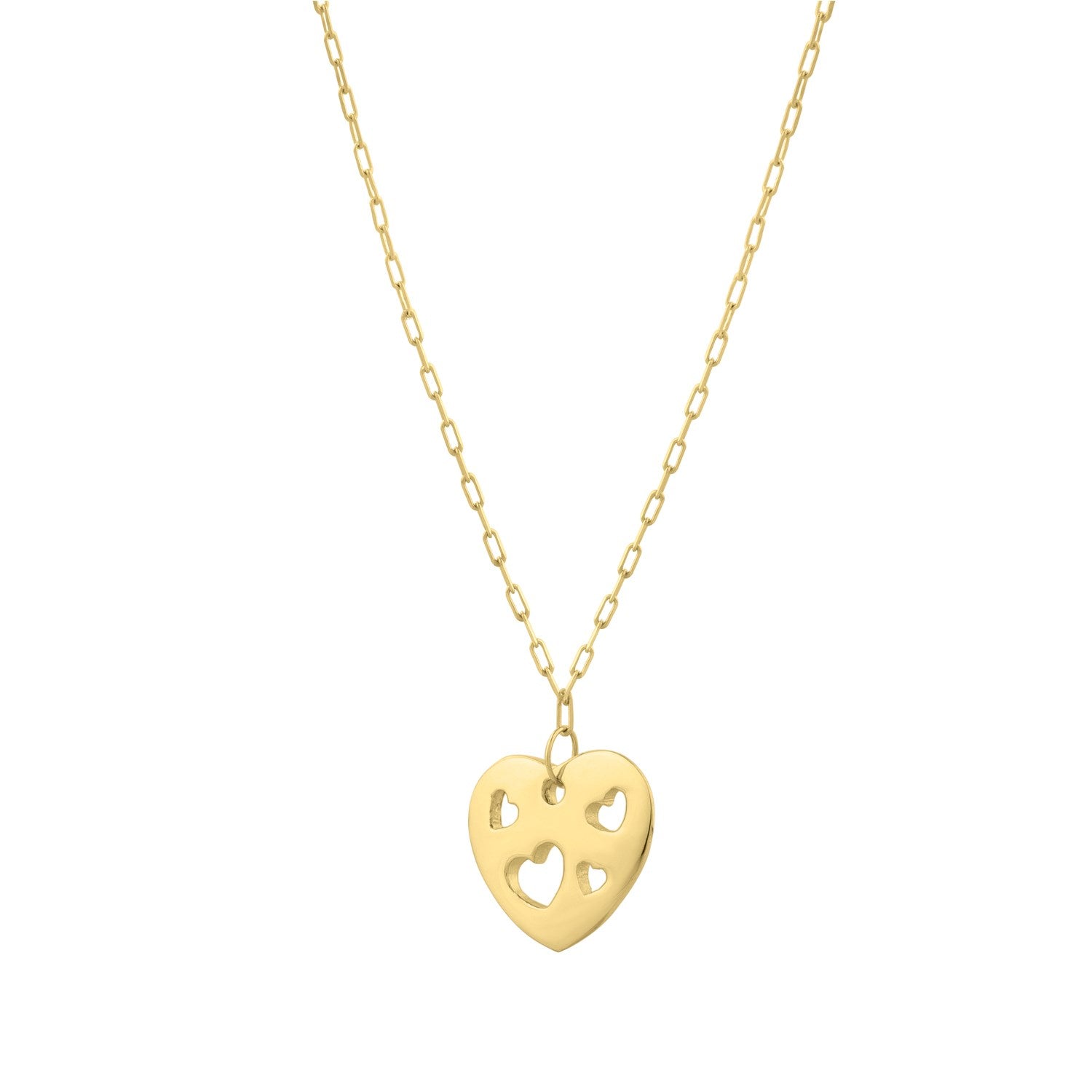 14K yellow gold necklace with a heart pendant featuring cutout hearts.