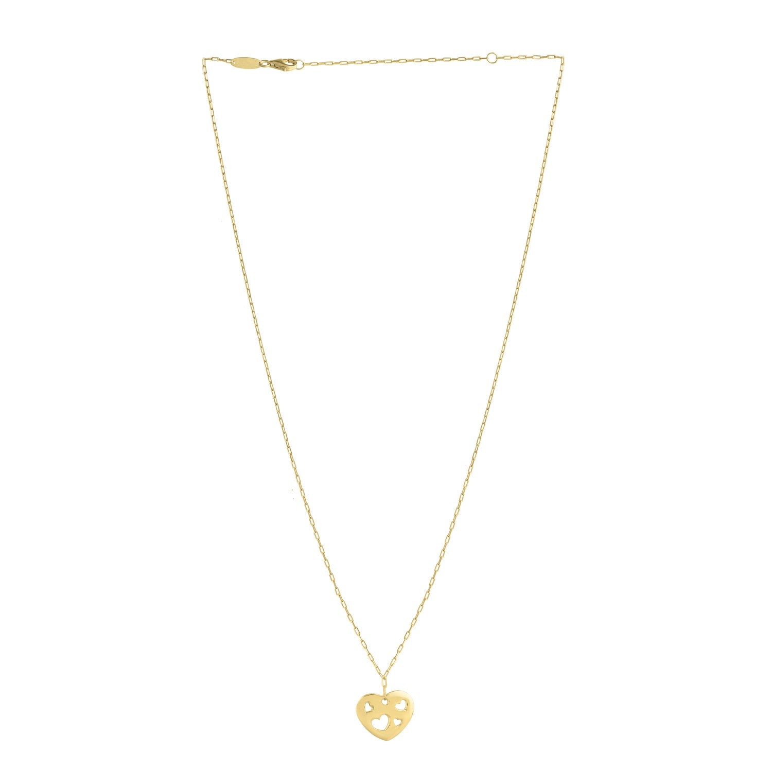 14K yellow gold paperclip-link necklace with a heart pendant featuring cutout hearts.