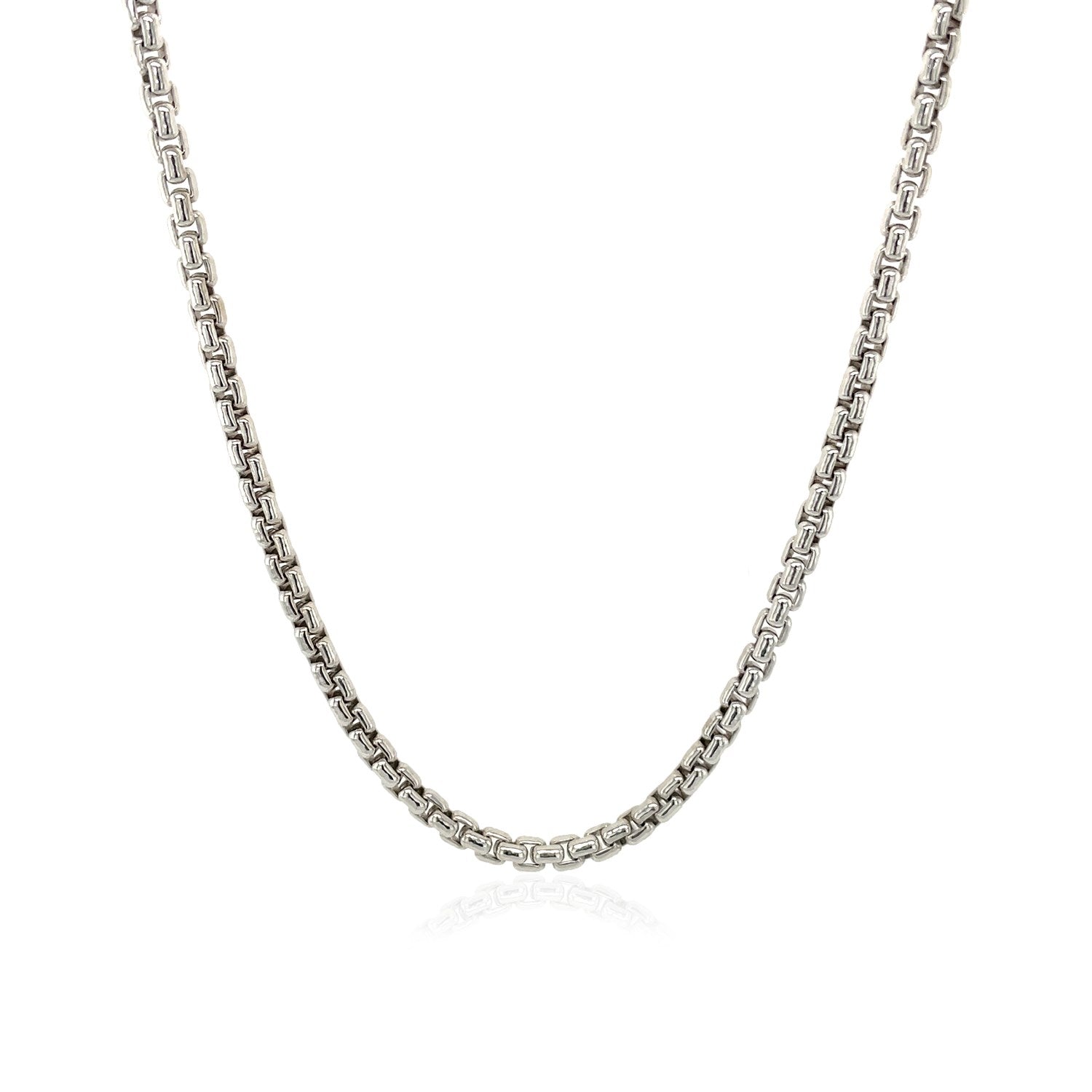 Sterling silver rhodium-plated round box chain, 2.20 mm wide, with a lobster clasp.