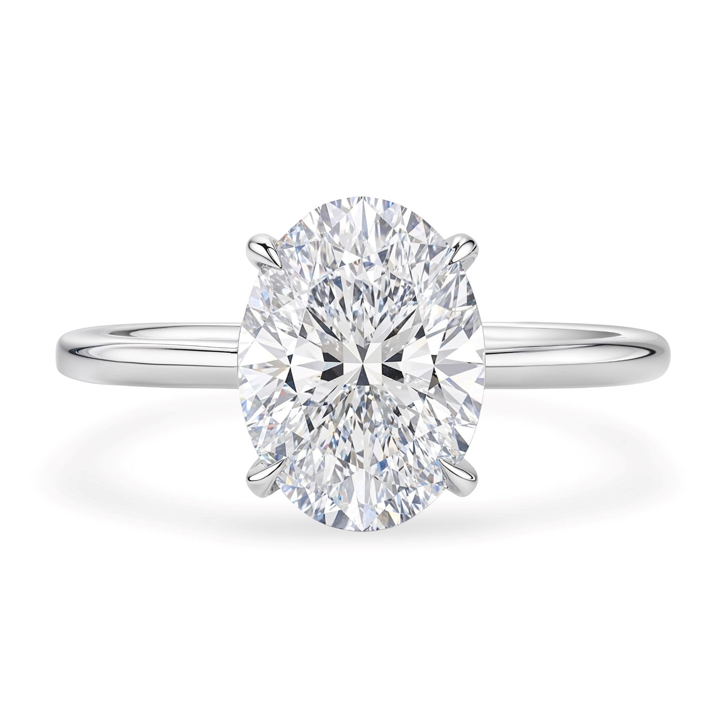 A 14K white gold solitaire ring with a 2 carat oval lab-grown diamond.