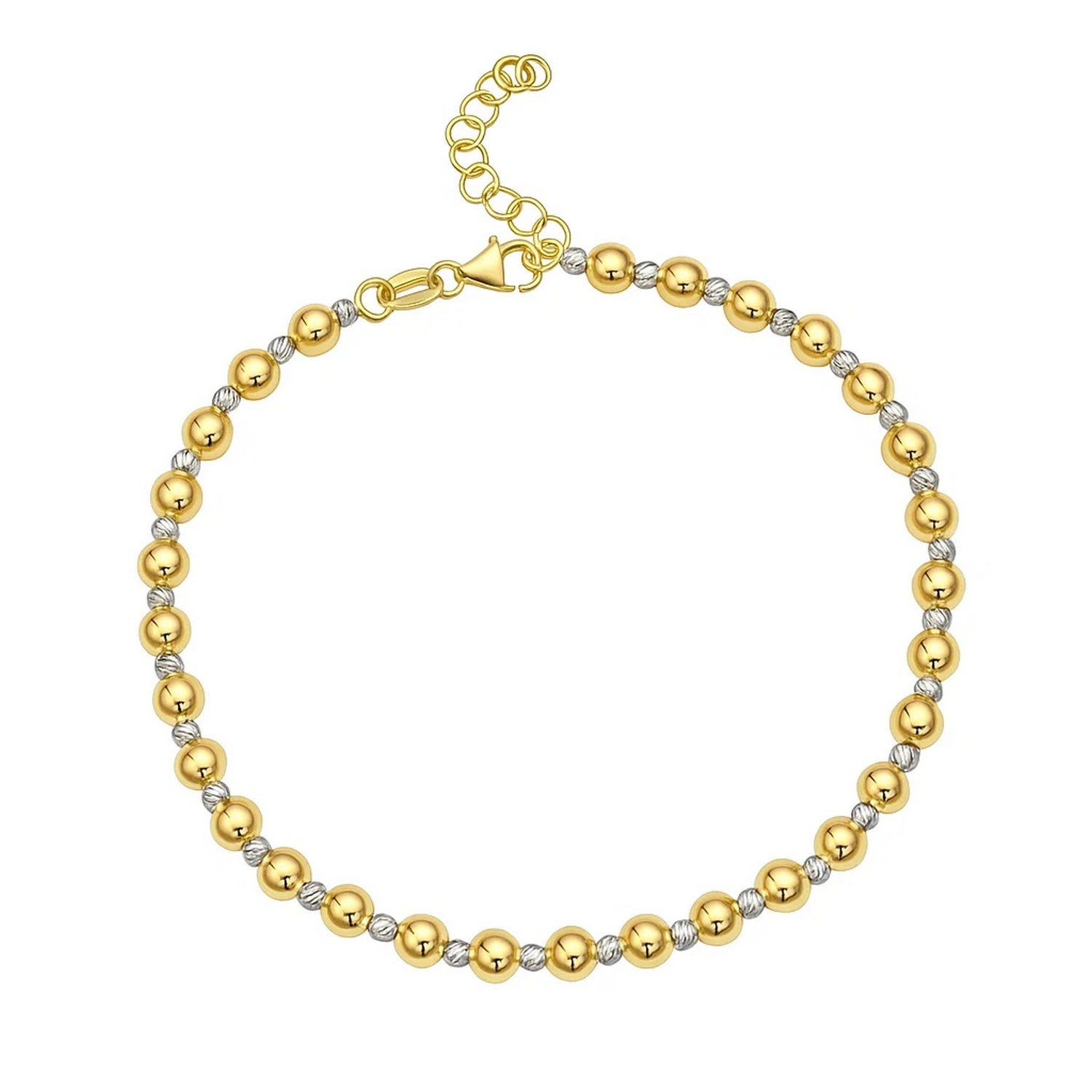 14k two-tone gold polished diamond-cut bead bracelet with a lobster clasp.