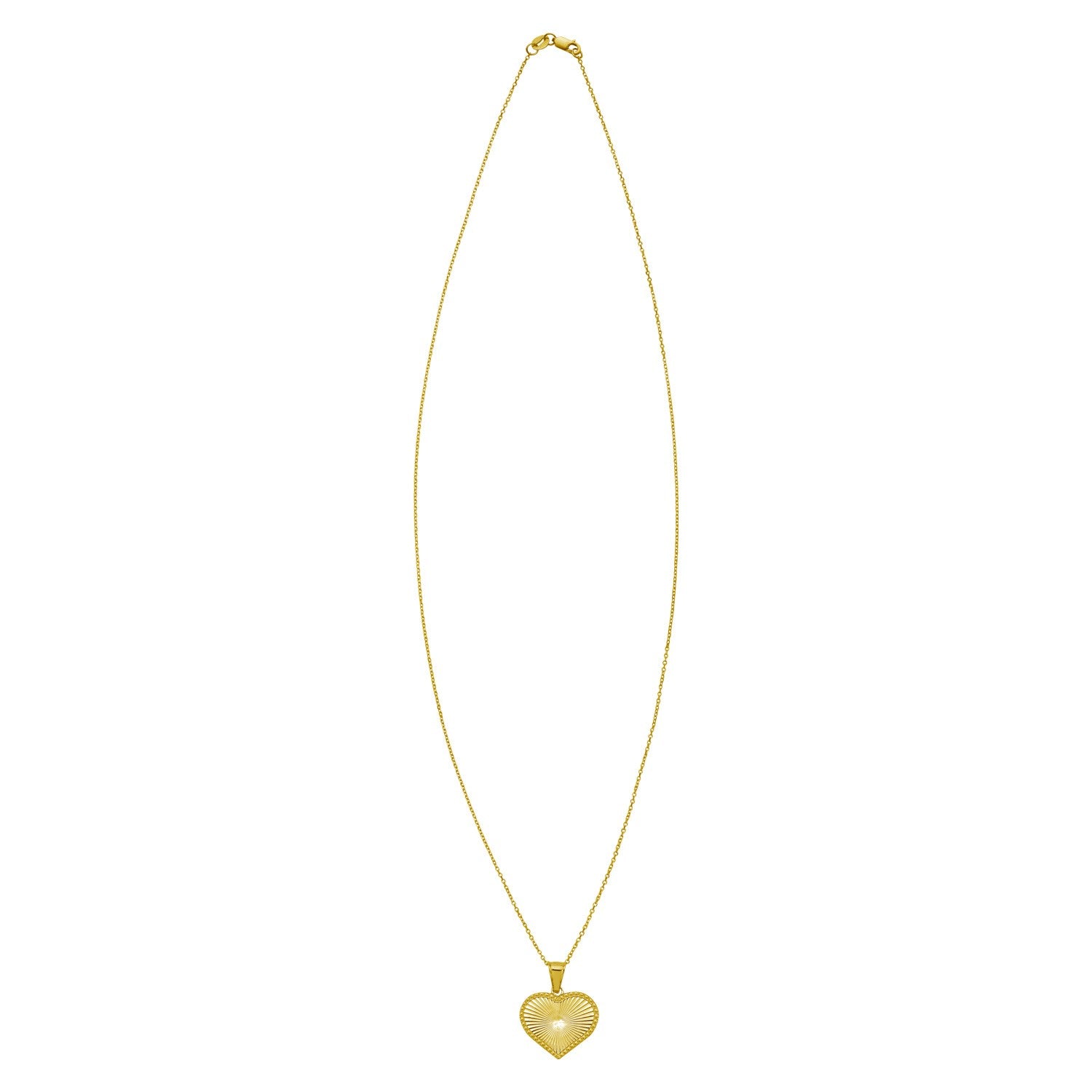14K yellow gold necklace with a radiating heart pendant and a lobster clasp.