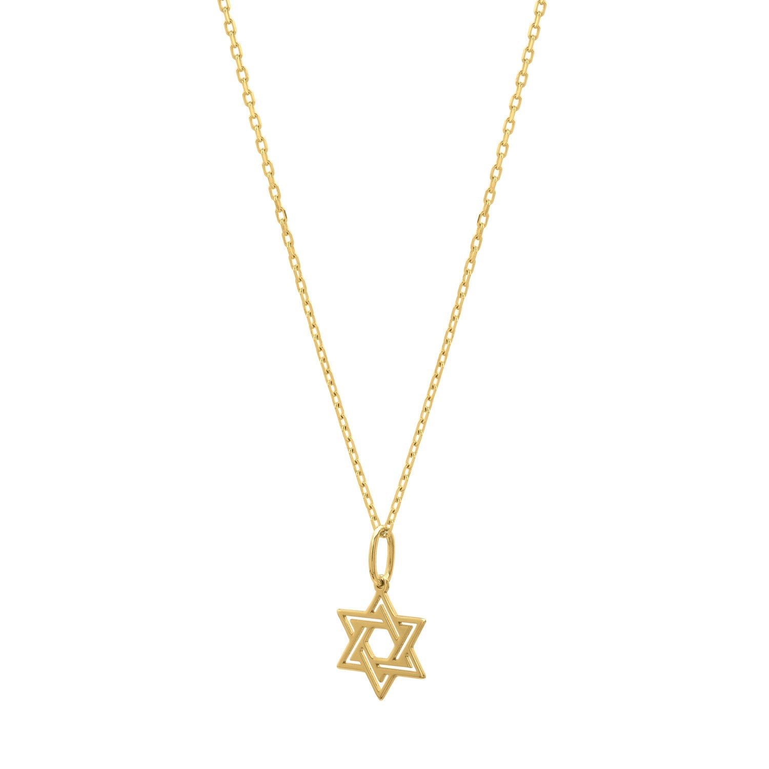 A 14K yellow gold Star of David pendant hangs from a delicate cable chain.