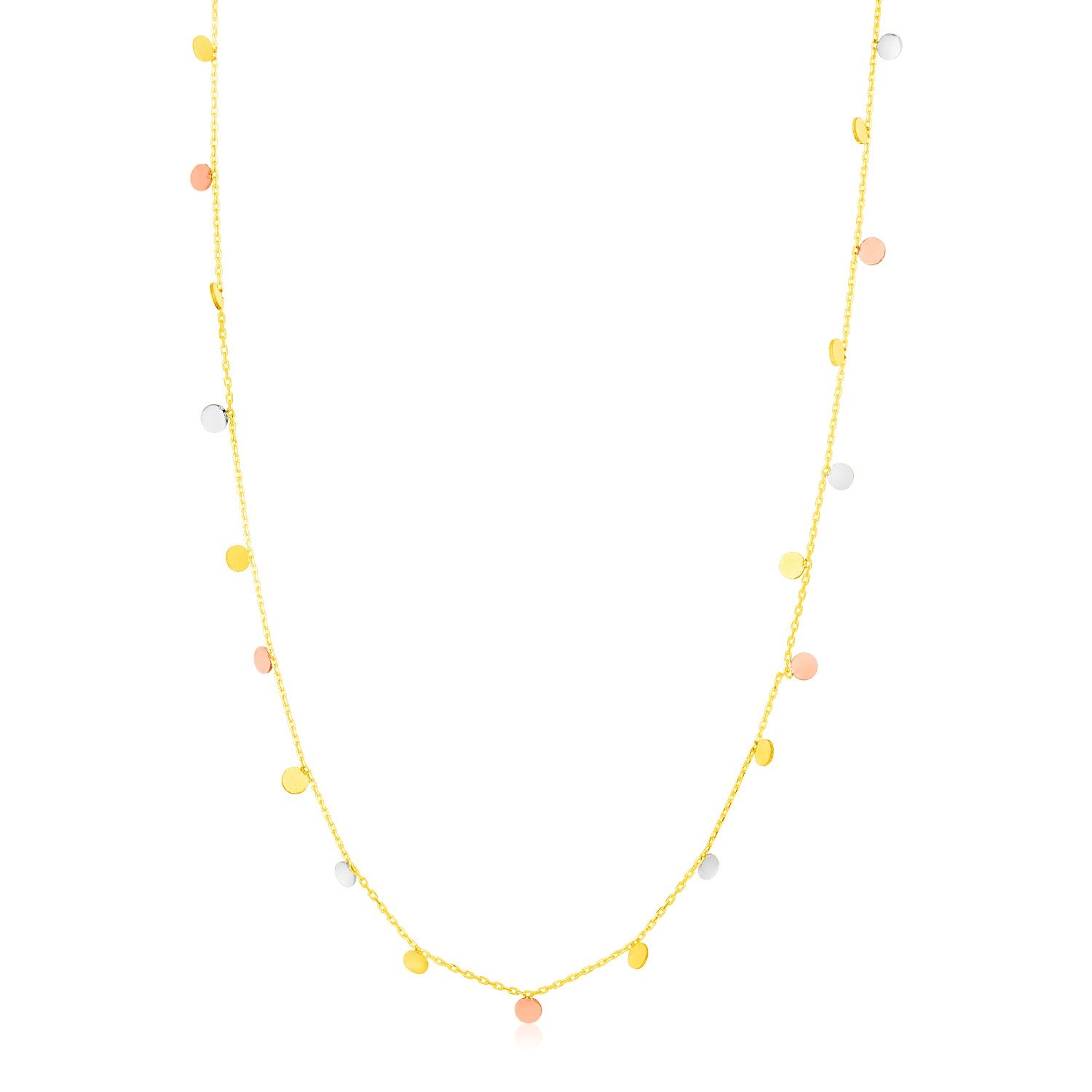 14K tri-color gold necklace with dangling yellow, white, and rose gold circles.