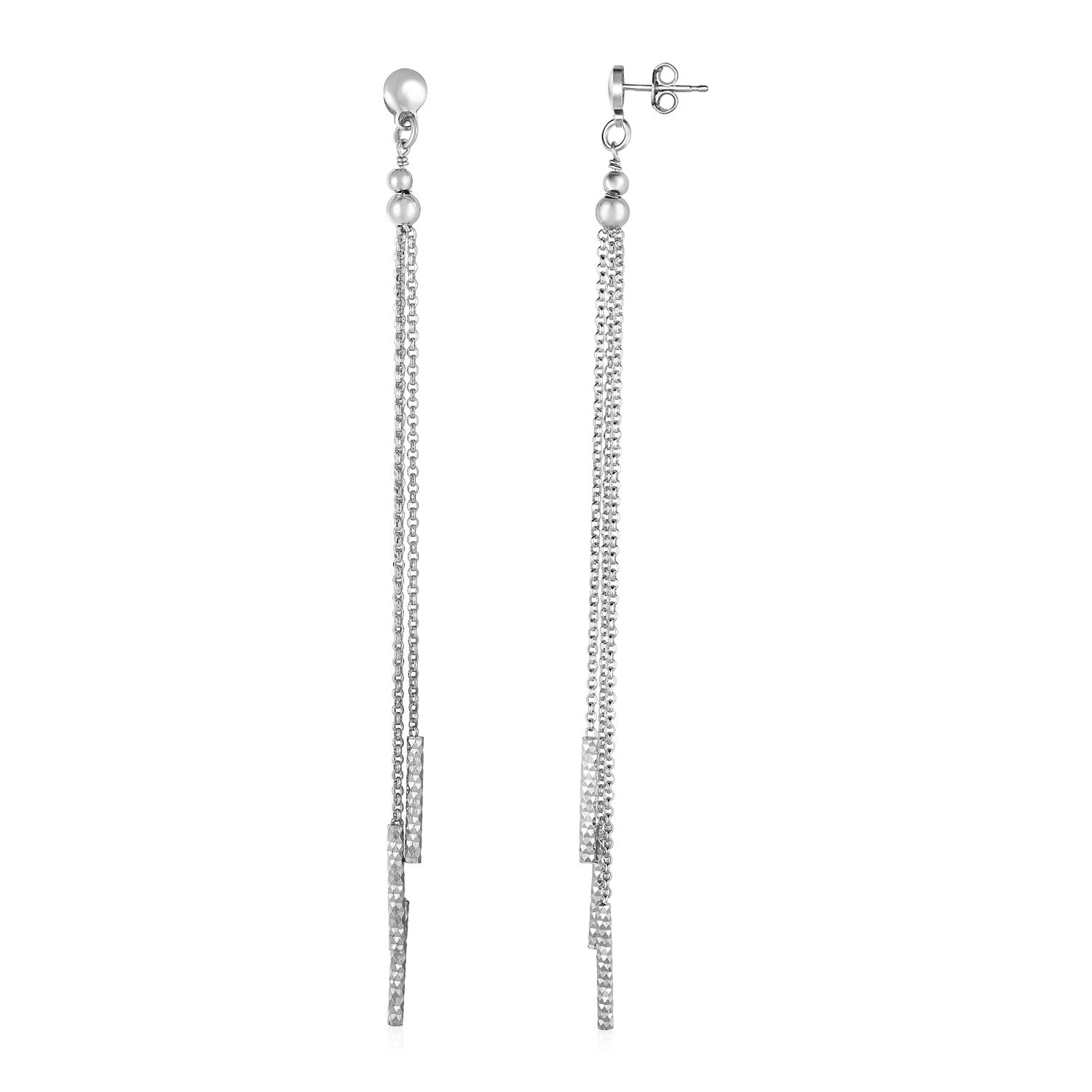 Long sterling silver chain tassel drop earrings with textured bars.