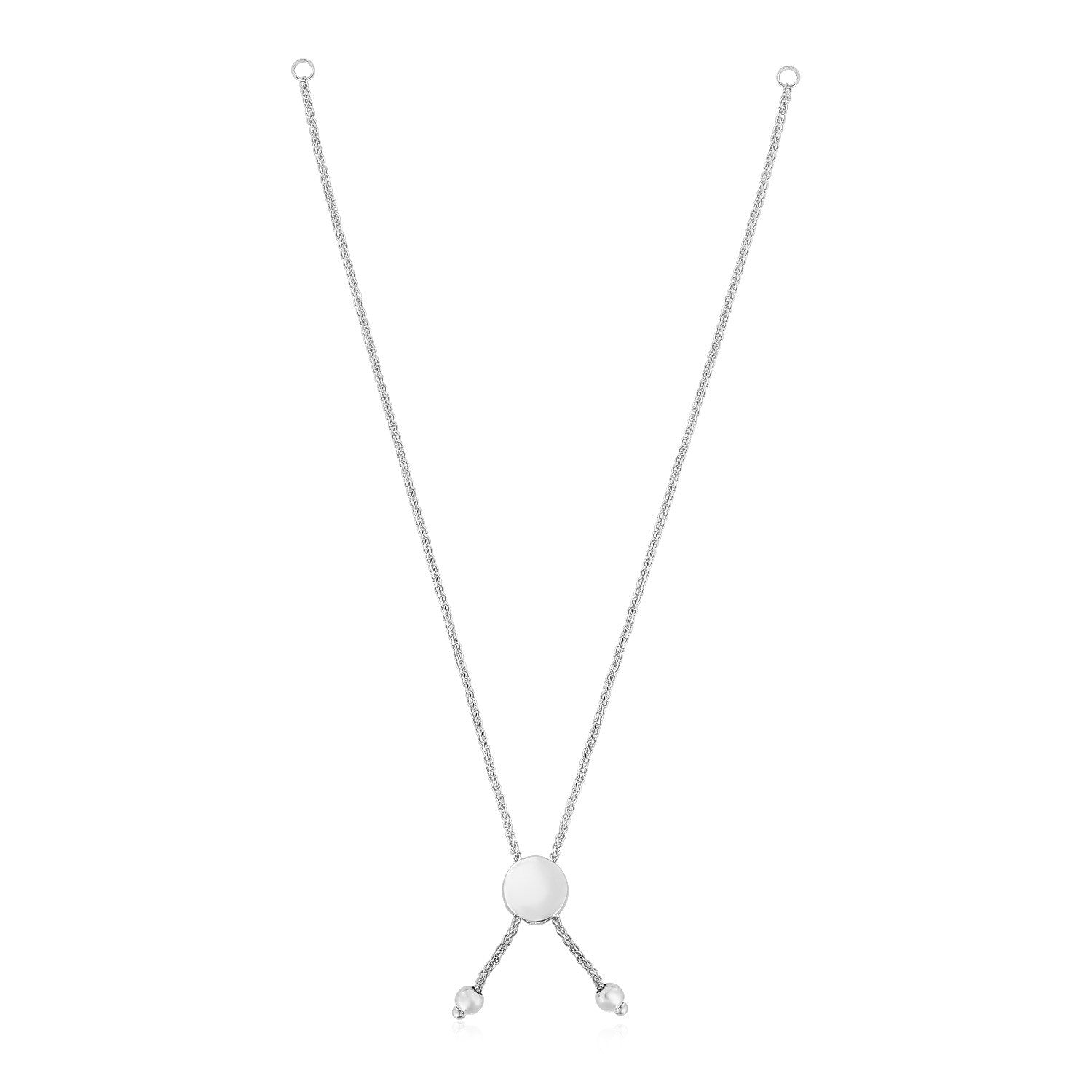 14k white gold adjustable friendship bracelet chain with a polished disc slide and two small beads.