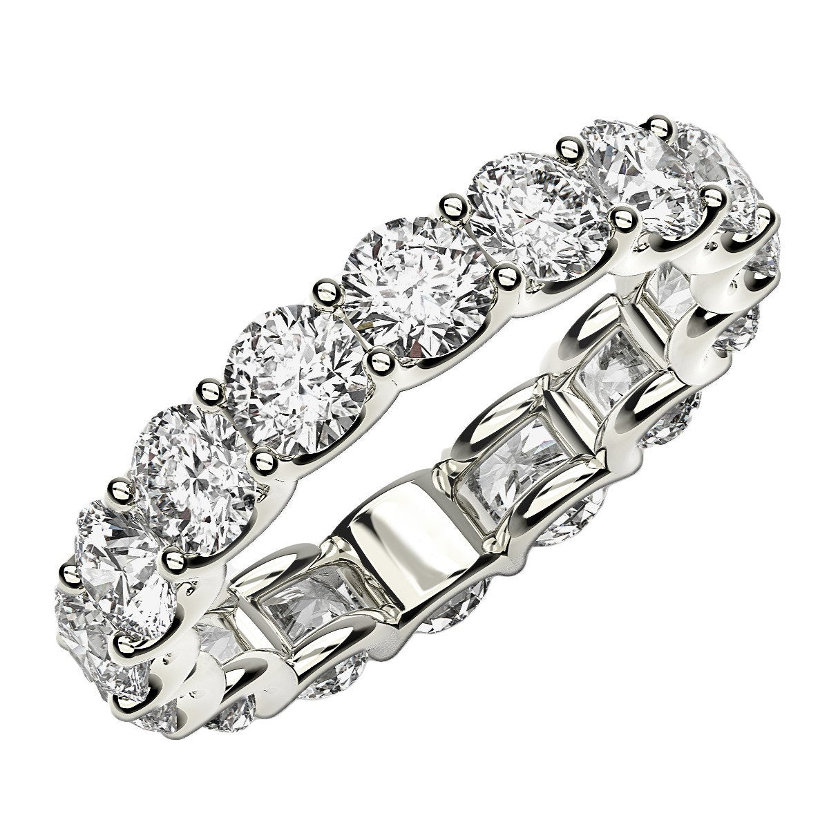 Round cut lab grown diamond eternity ring in 14k white gold.