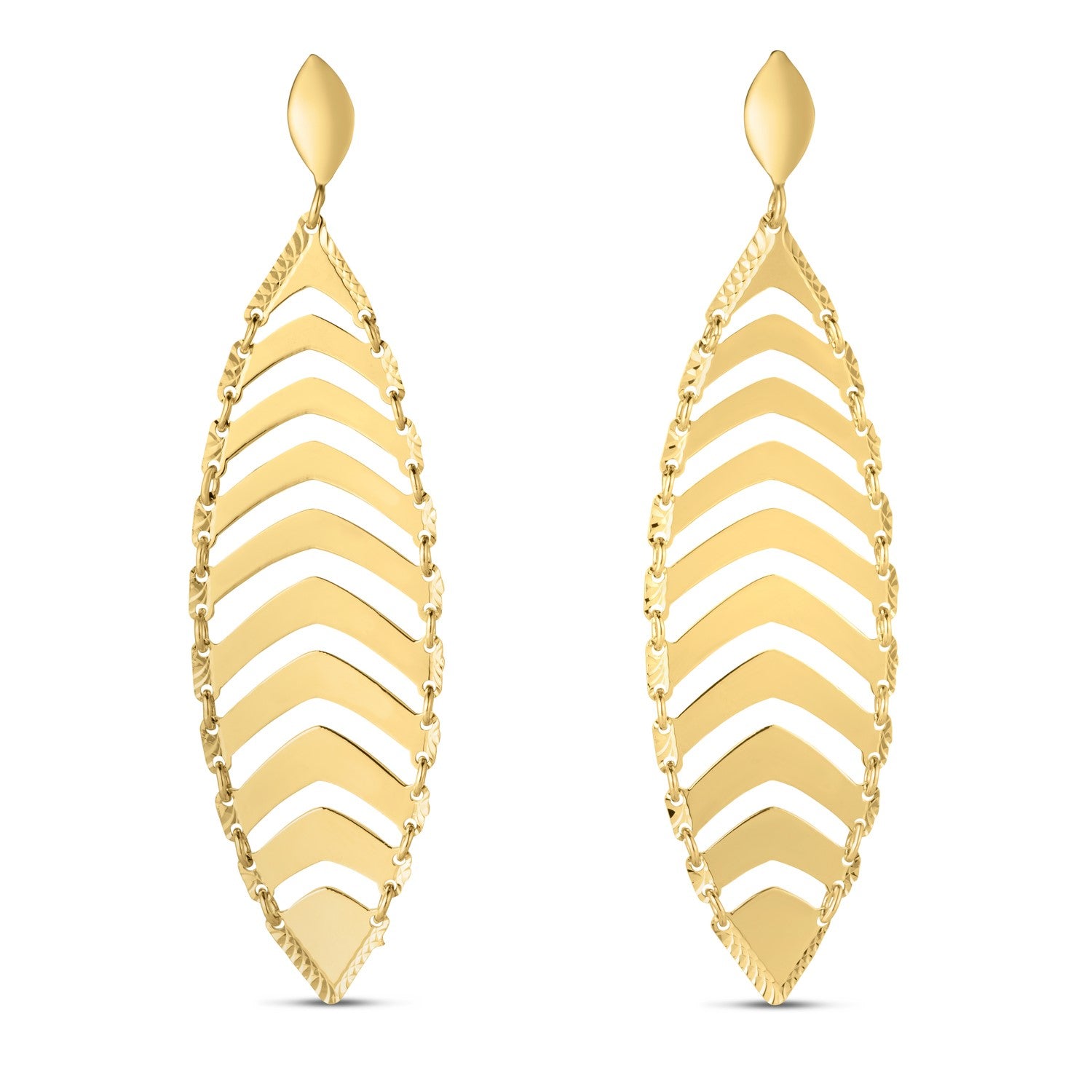 14k yellow gold drop leaf earrings with chevron cutouts and a high polish finish.