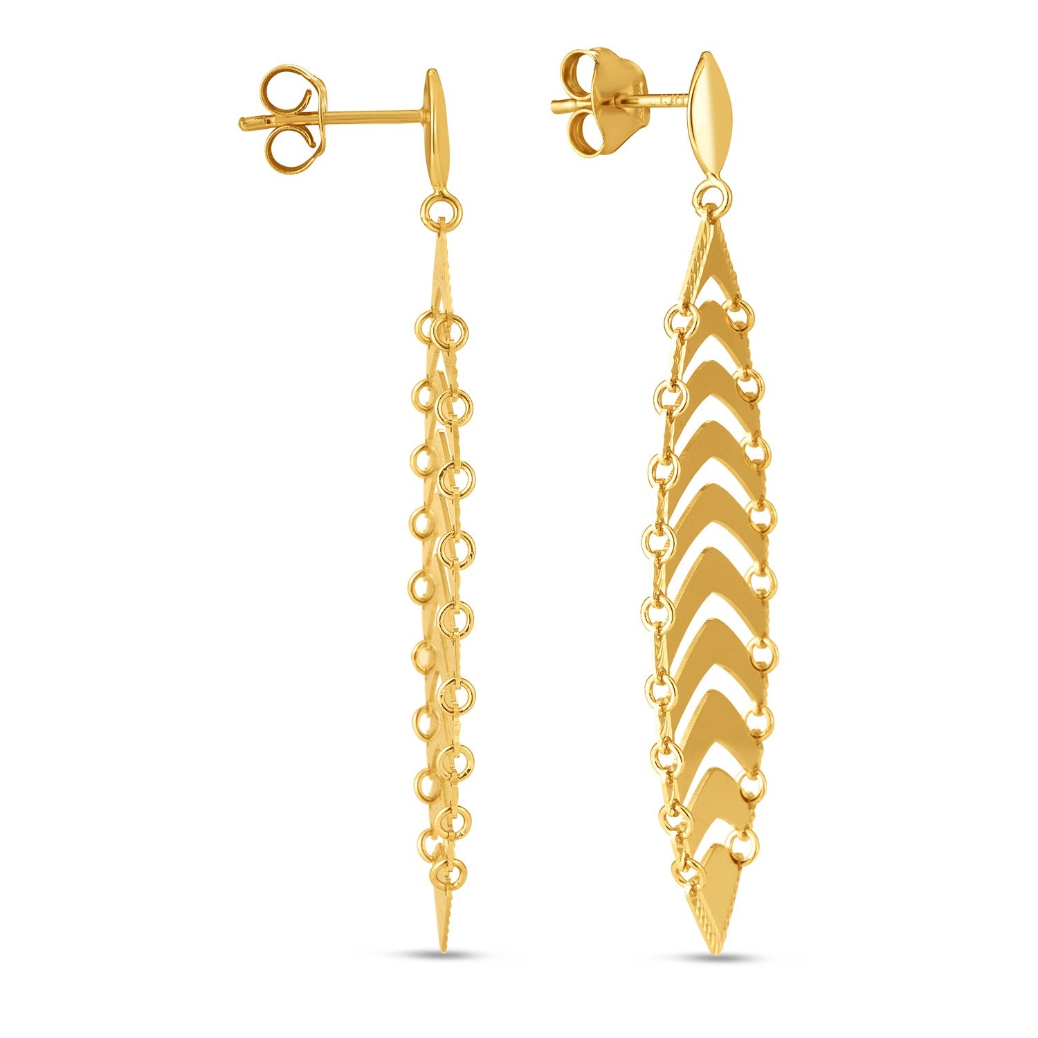 14k yellow gold drop leaf earrings with a high polish finish and push back clasp.