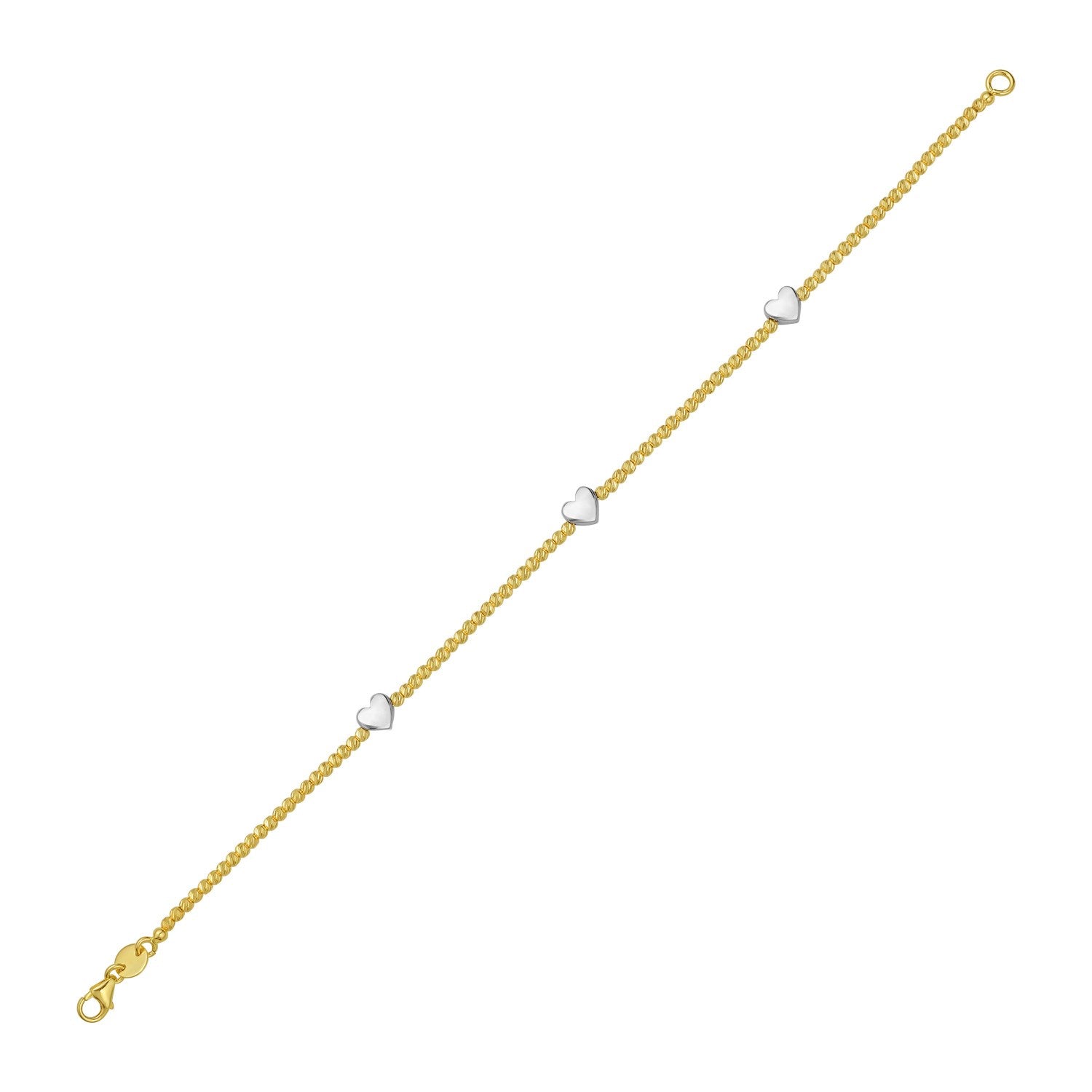 14K yellow and white gold bracelet with three heart-shaped beads and a lobster clasp.