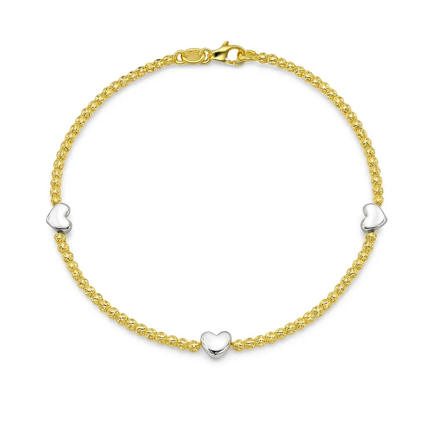 14K yellow and white gold heart bead bracelet with a lobster clasp.