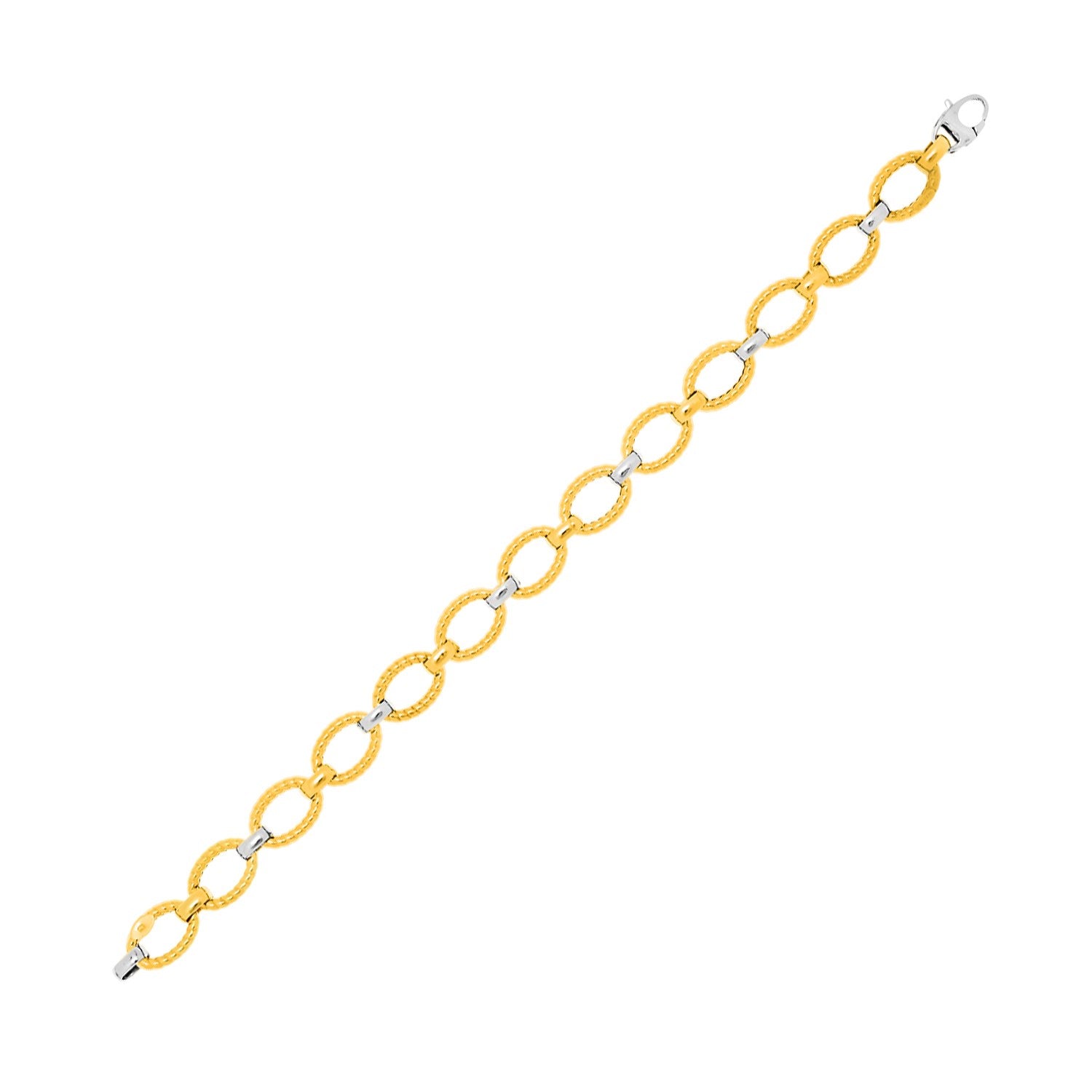 14k two-tone gold chain bracelet with textured oval links and a lobster clasp.