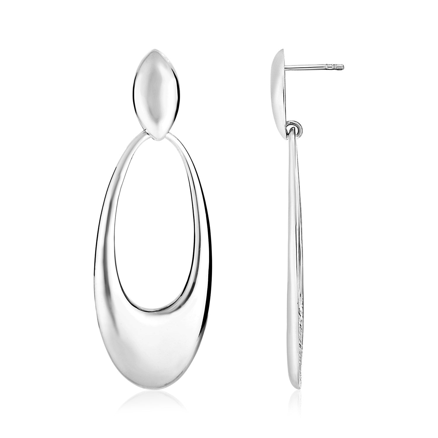 Sterling silver polished open oval dangle earrings with a post and push-back closure.