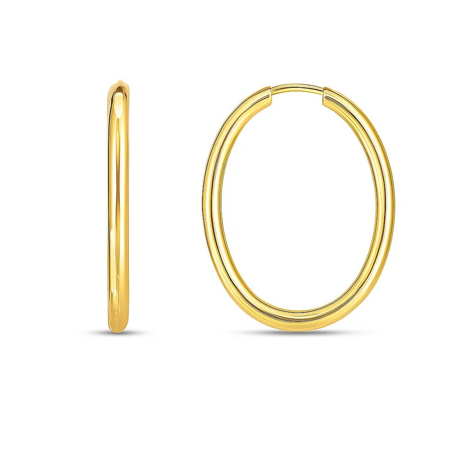 A pair of 14k yellow gold endless oval hoop earrings with a high polish finish.