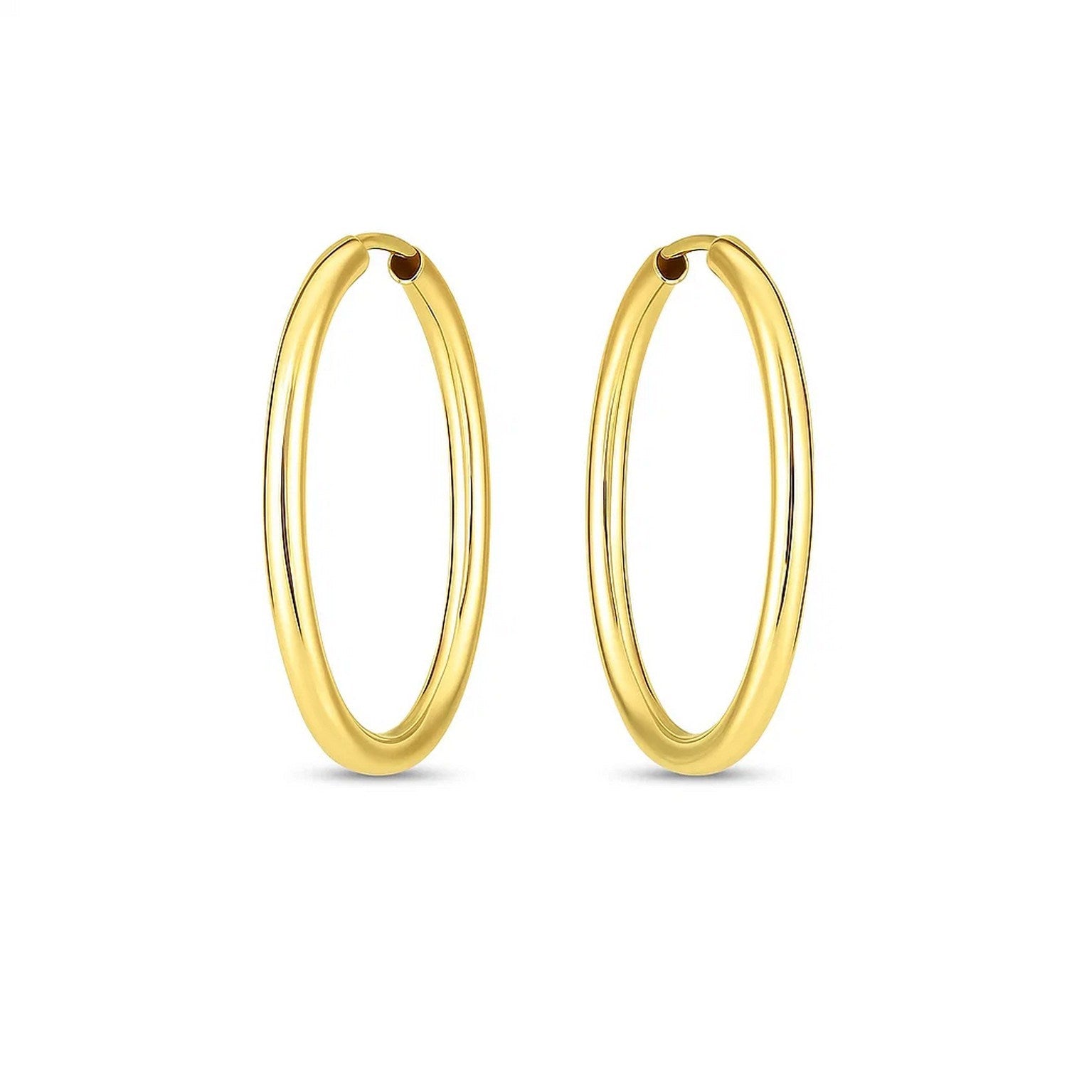 A pair of 14k yellow gold endless oval hoop earrings with a high polish finish.