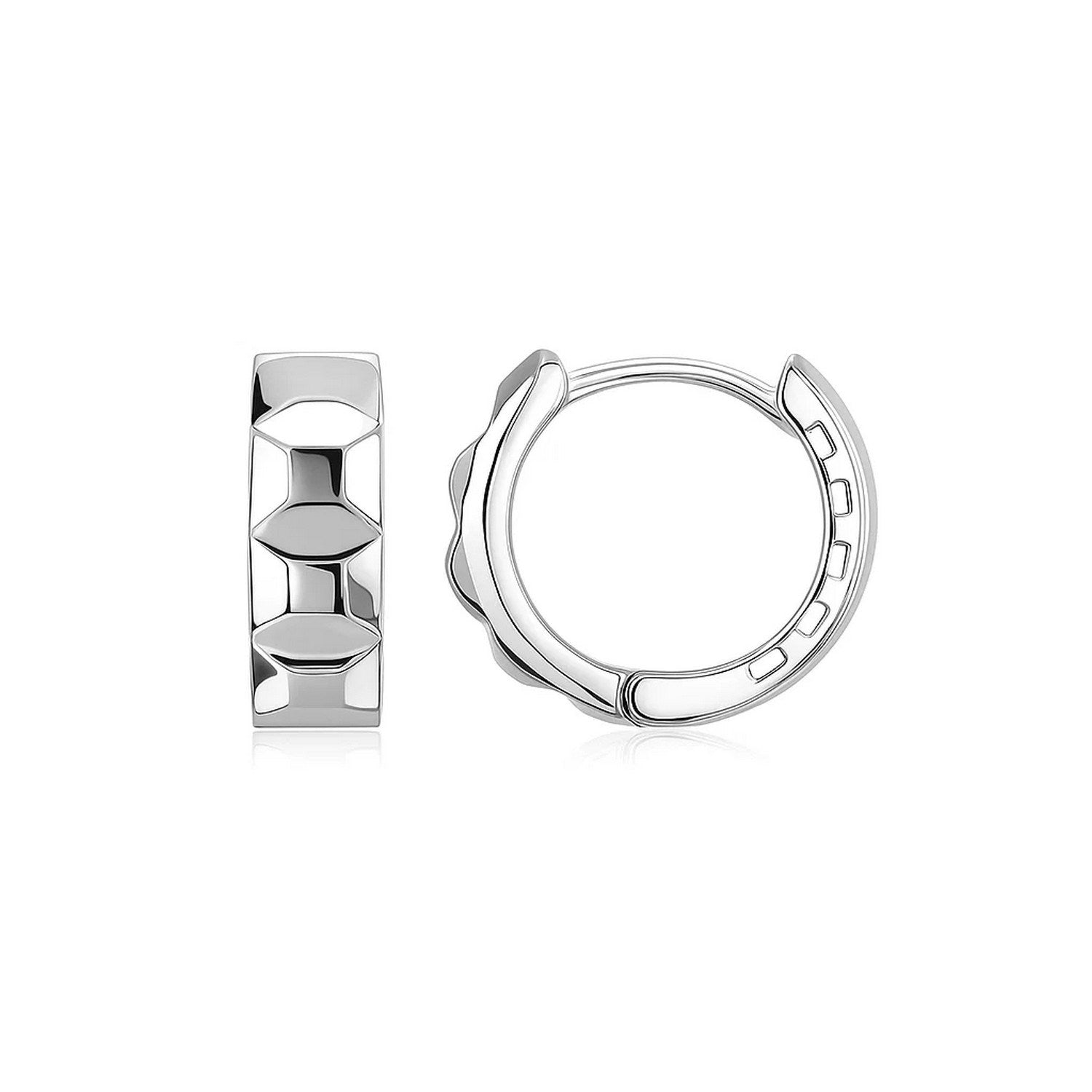 A pair of 14K white gold huggie hoop earrings with a square faceted motif.
