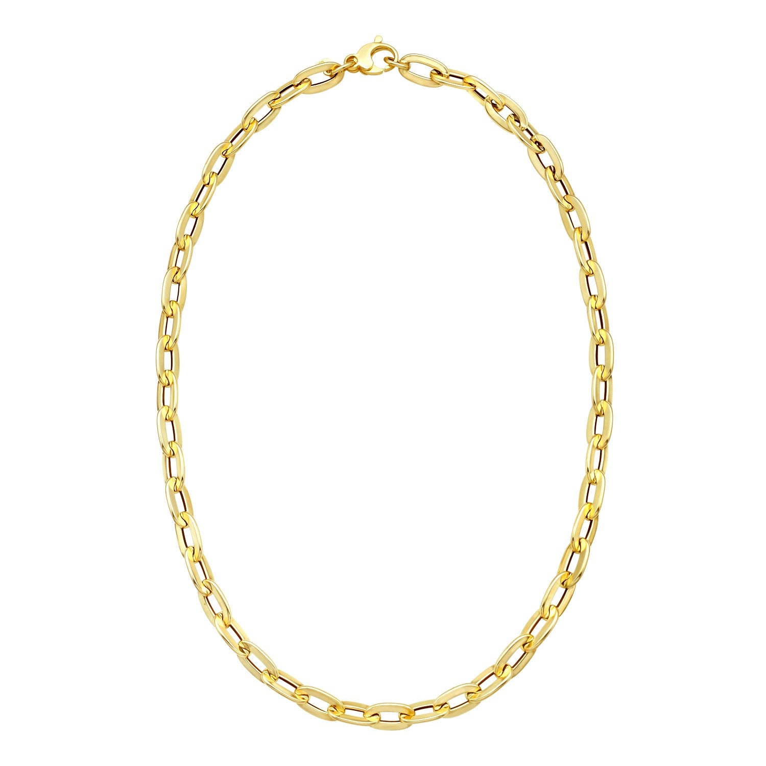 14K yellow gold long mirror rolo link chain necklace with a lobster clasp.