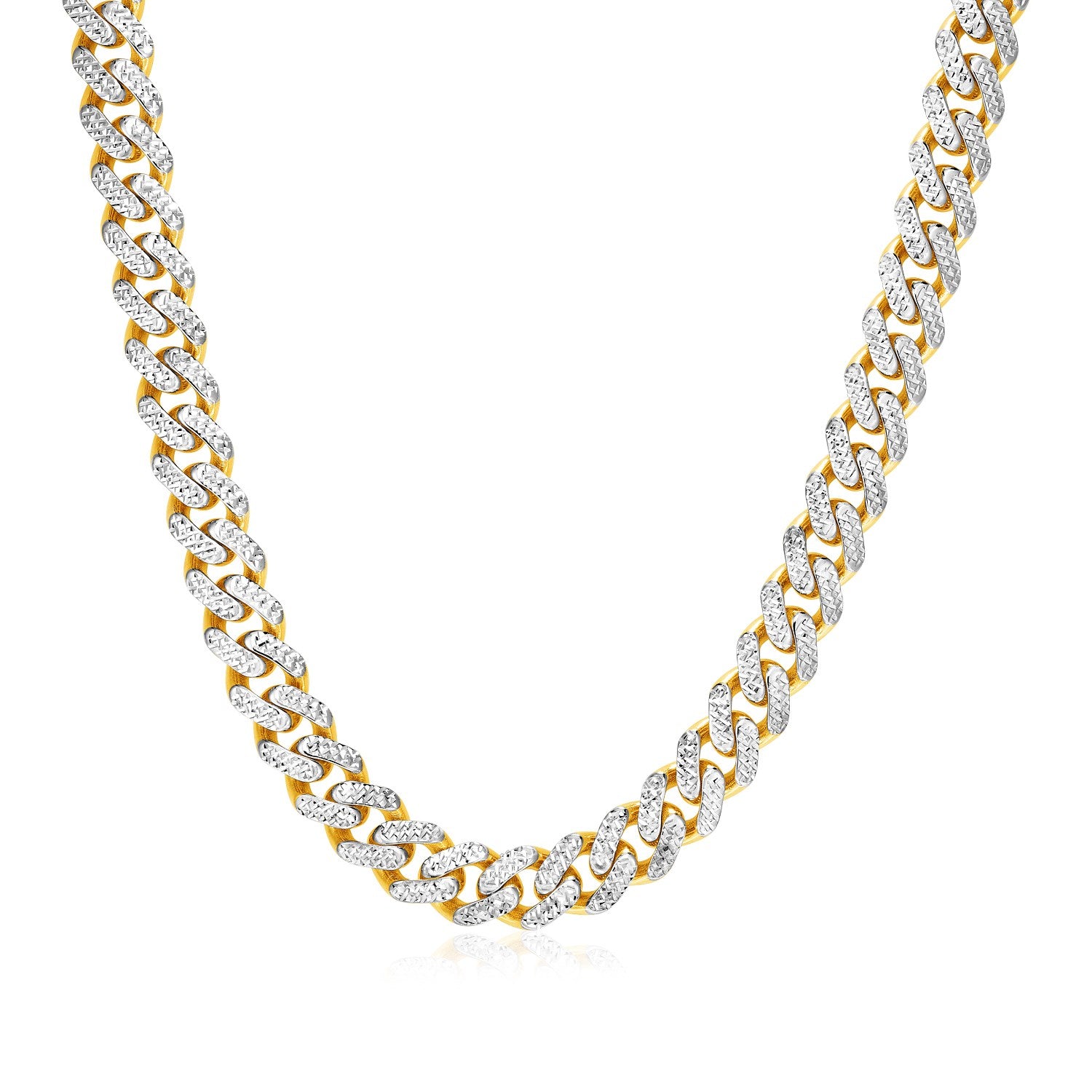 14k two-tone gold Miami Cuban chain necklace with white pave.