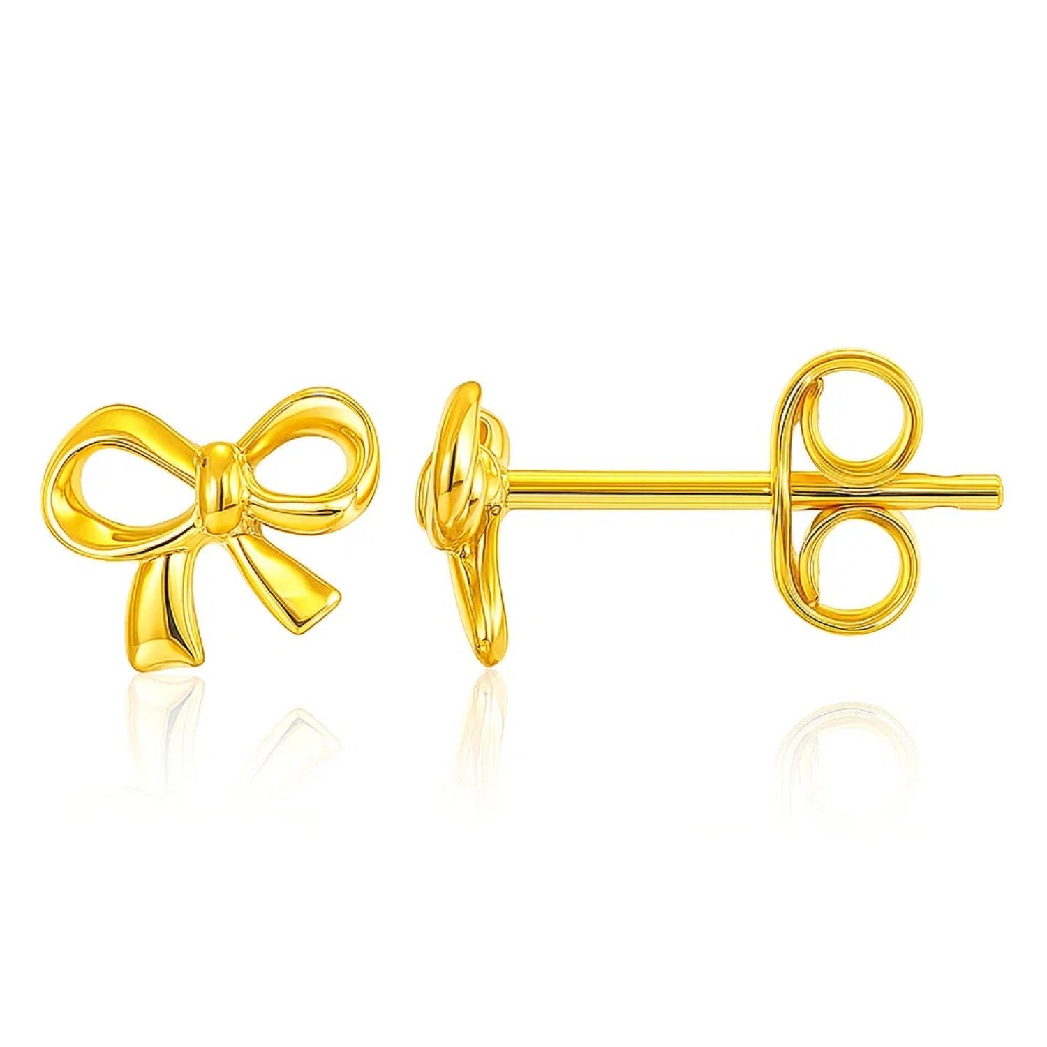 A pair of 14k yellow gold bow-style post earrings with push backs.