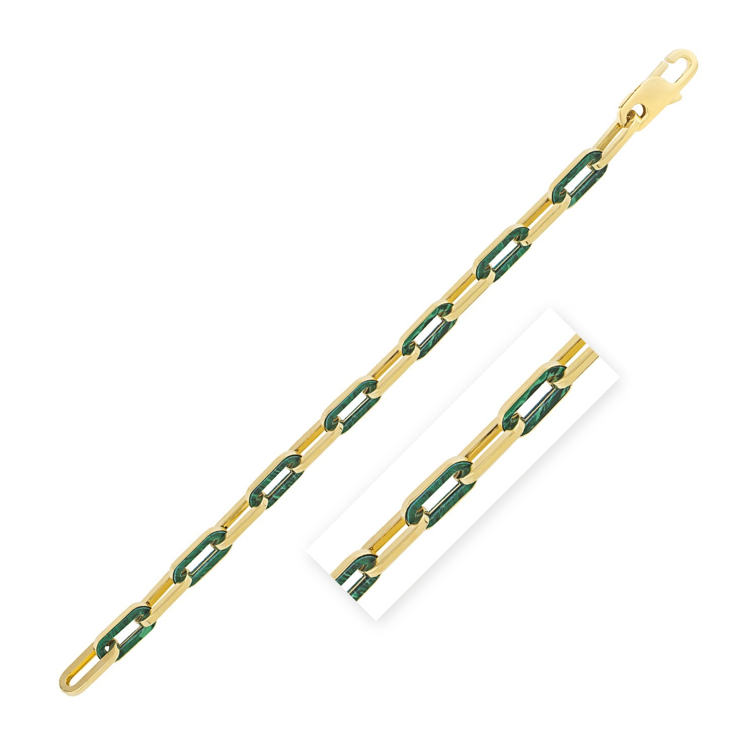 14k yellow gold paperclip link bracelet with green malachite and a lobster clasp.
