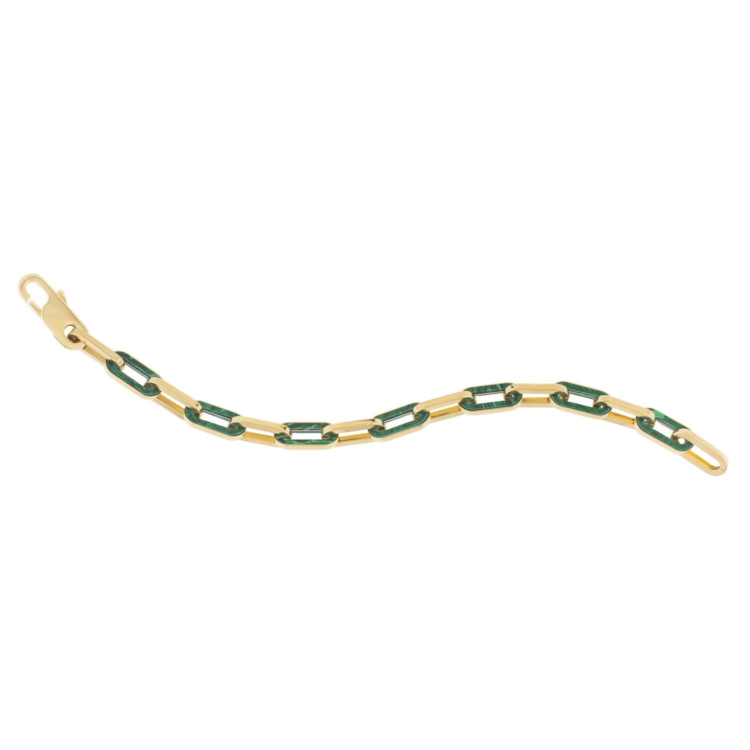14k yellow gold paperclip link bracelet with green malachite and a lobster clasp.