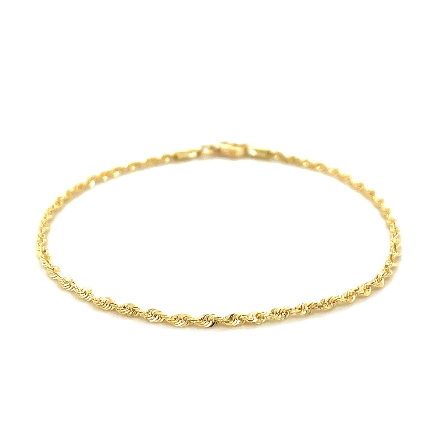 A 2.0mm 10k yellow gold diamond cut rope anklet with a lobster clasp.