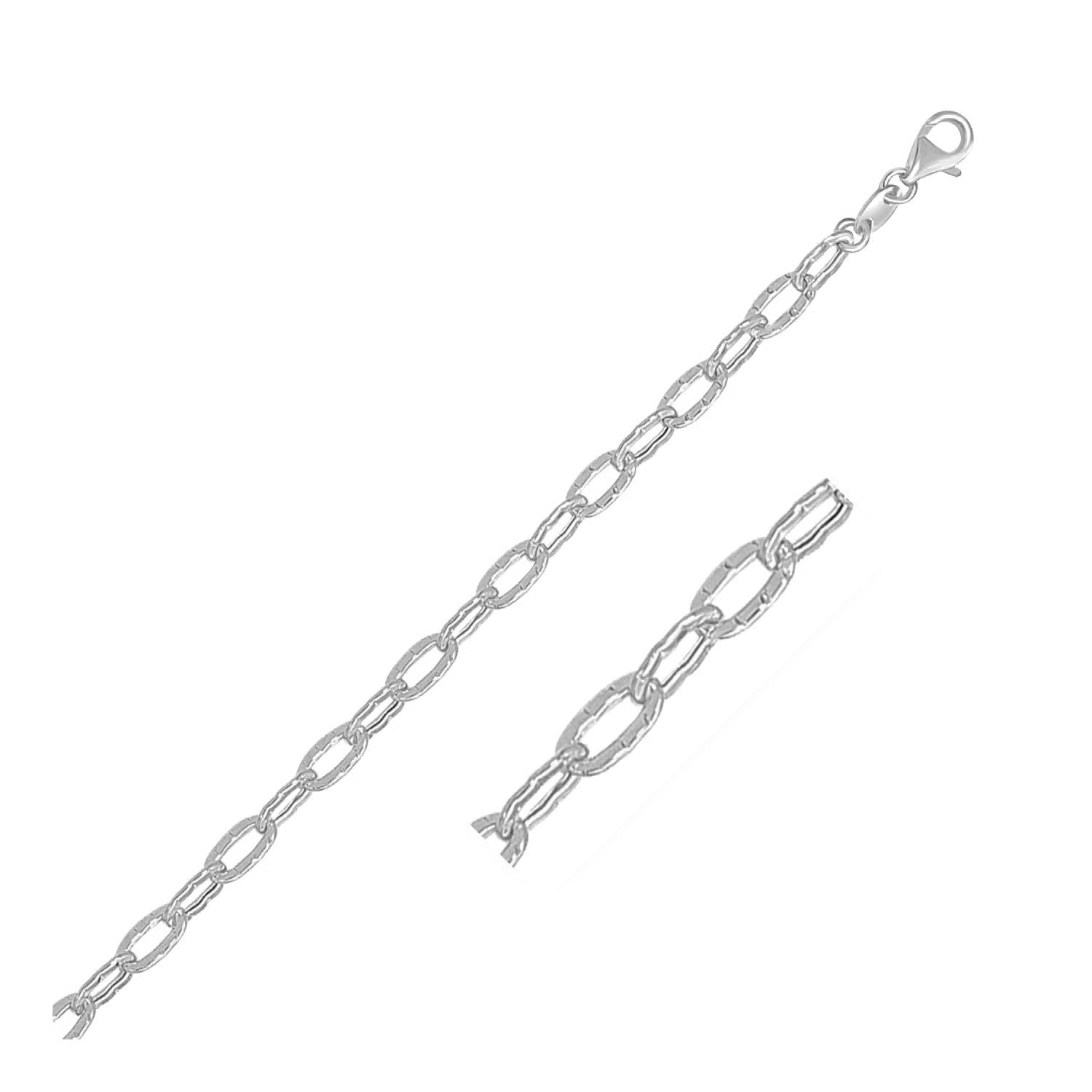 14k white gold anklet with fancy hammered oval links and a lobster clasp.
