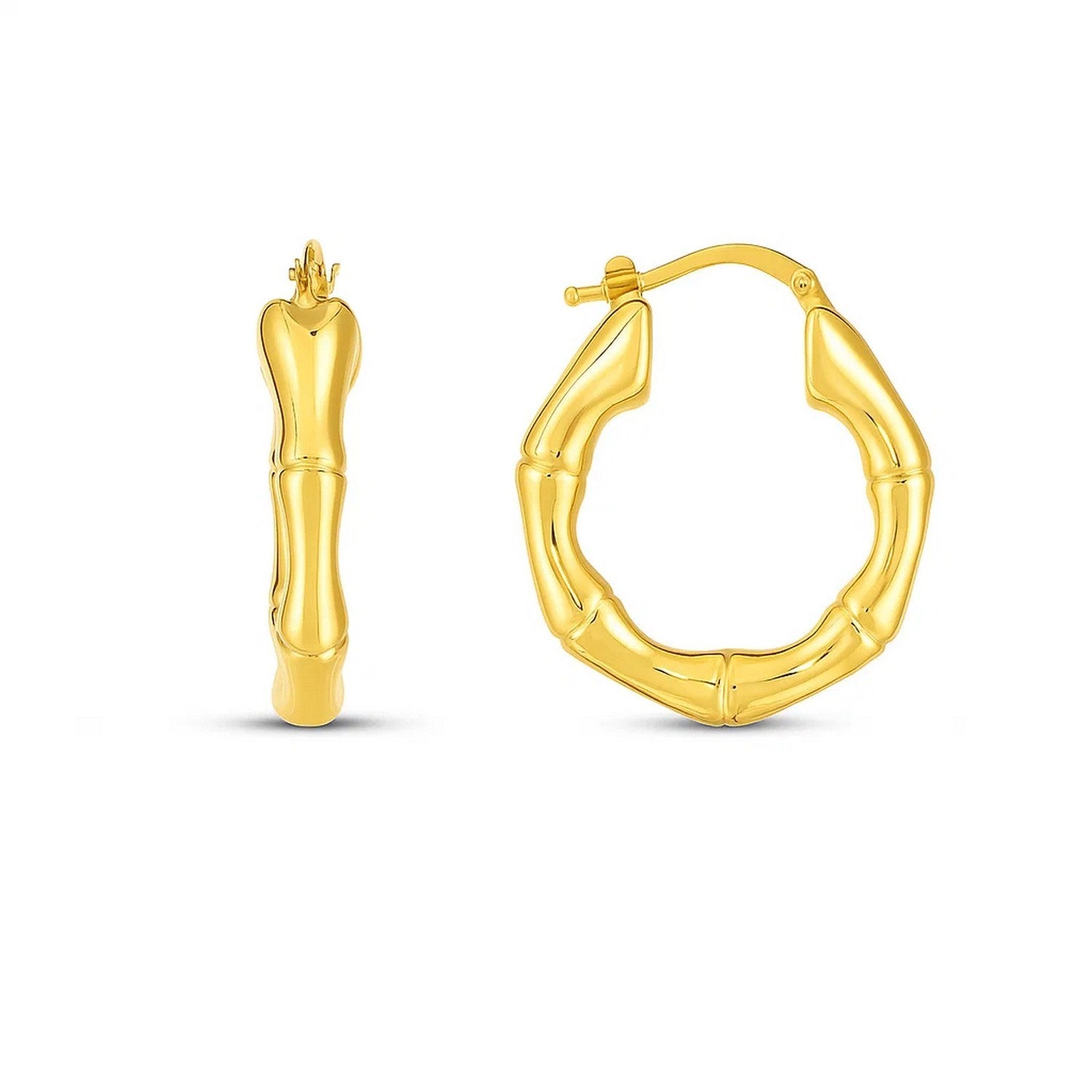14k yellow gold medium bamboo hoop earrings with a high polish finish.