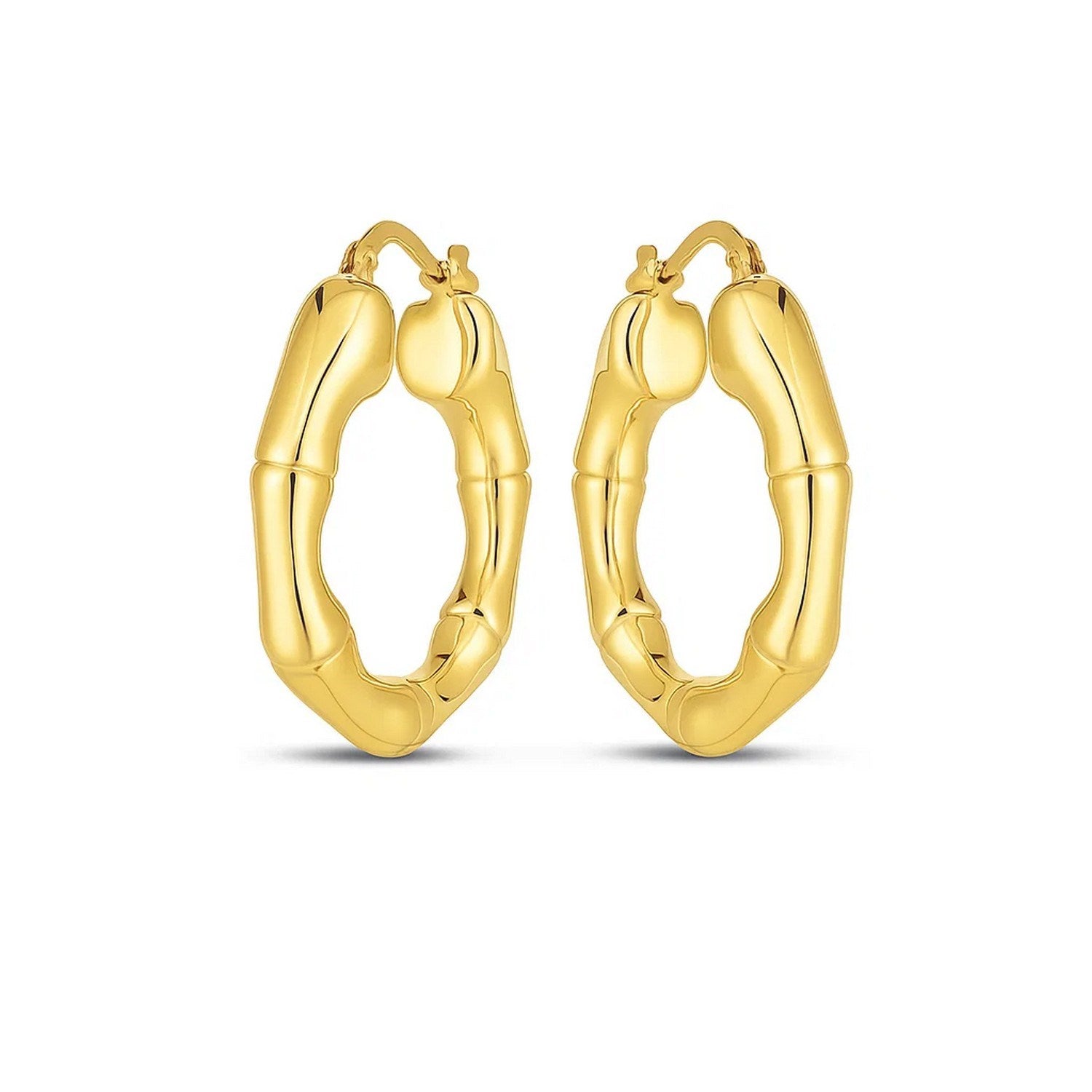 14k yellow gold medium bamboo hoop earrings with a high polish finish.