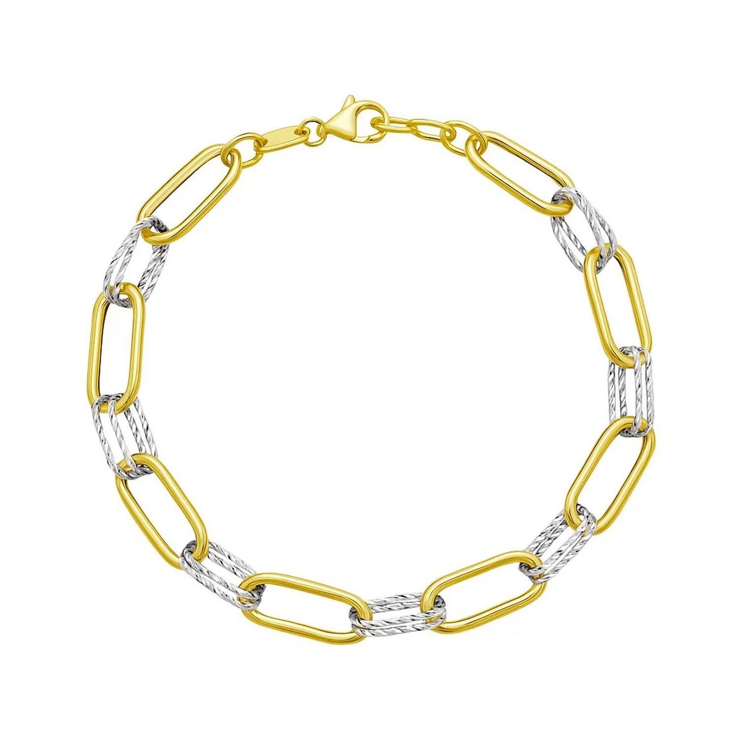 14K two-tone gold paperclip bracelet with alternating smooth and textured links.
