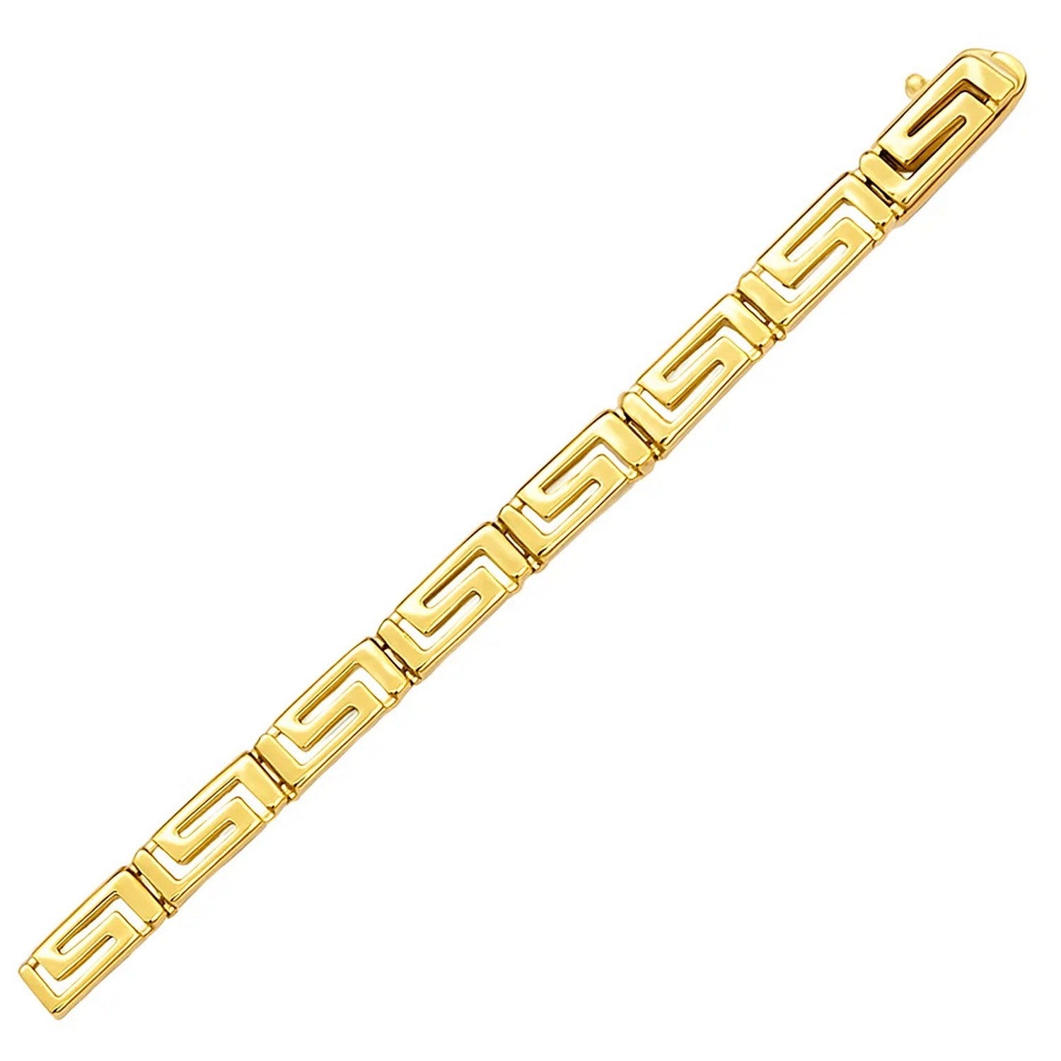 14k yellow gold Greek fret design fancy bracelet with a box catch clasp.