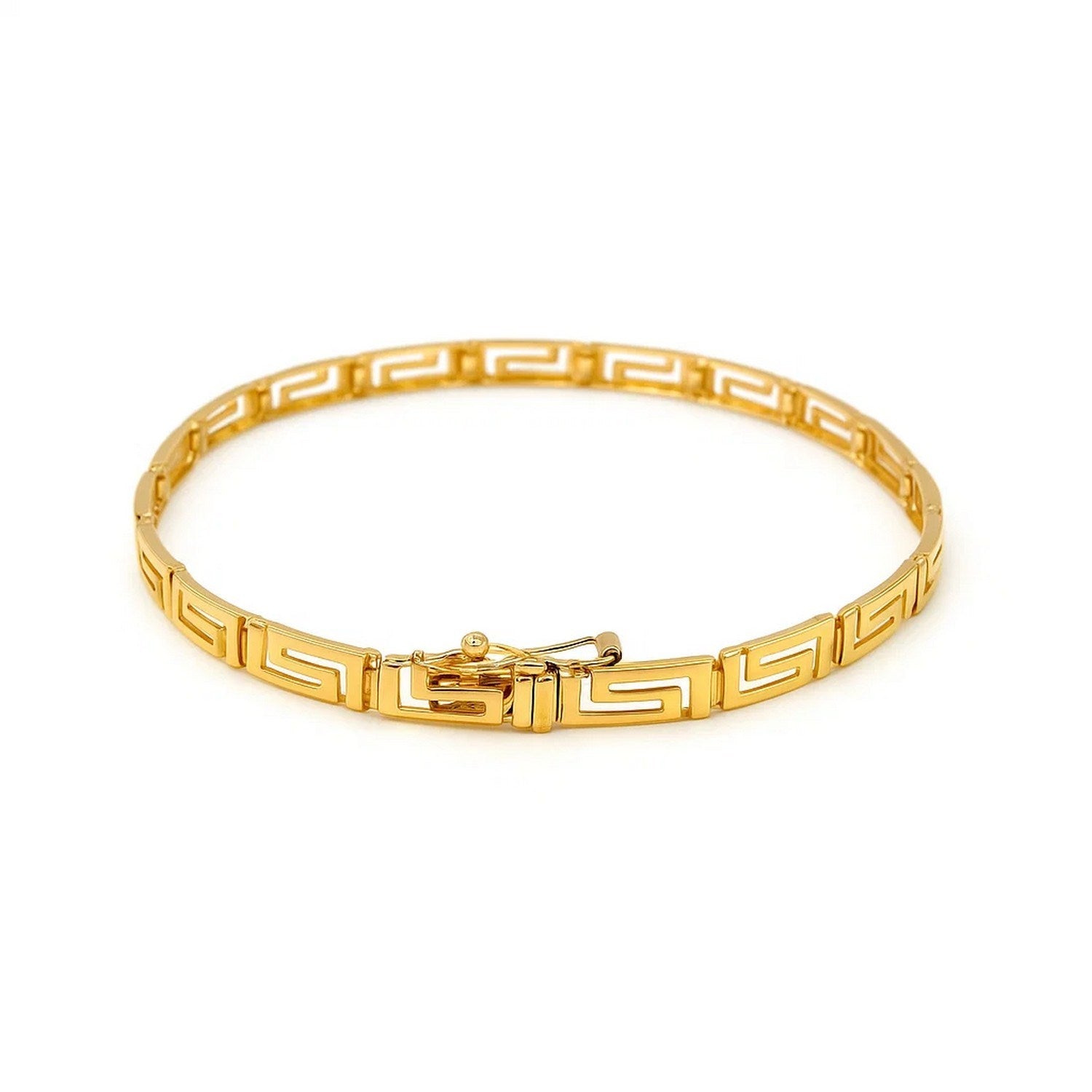 14k yellow gold Greek fret design fancy bracelet with a box catch clasp.