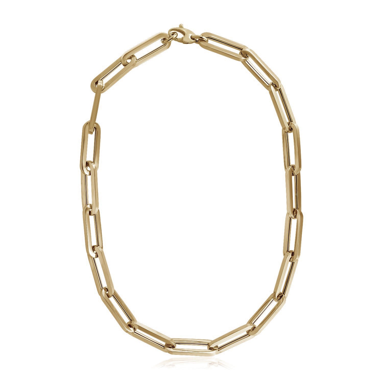 A polished 14k yellow gold extra wide paperclip chain necklace with a lobster clasp.