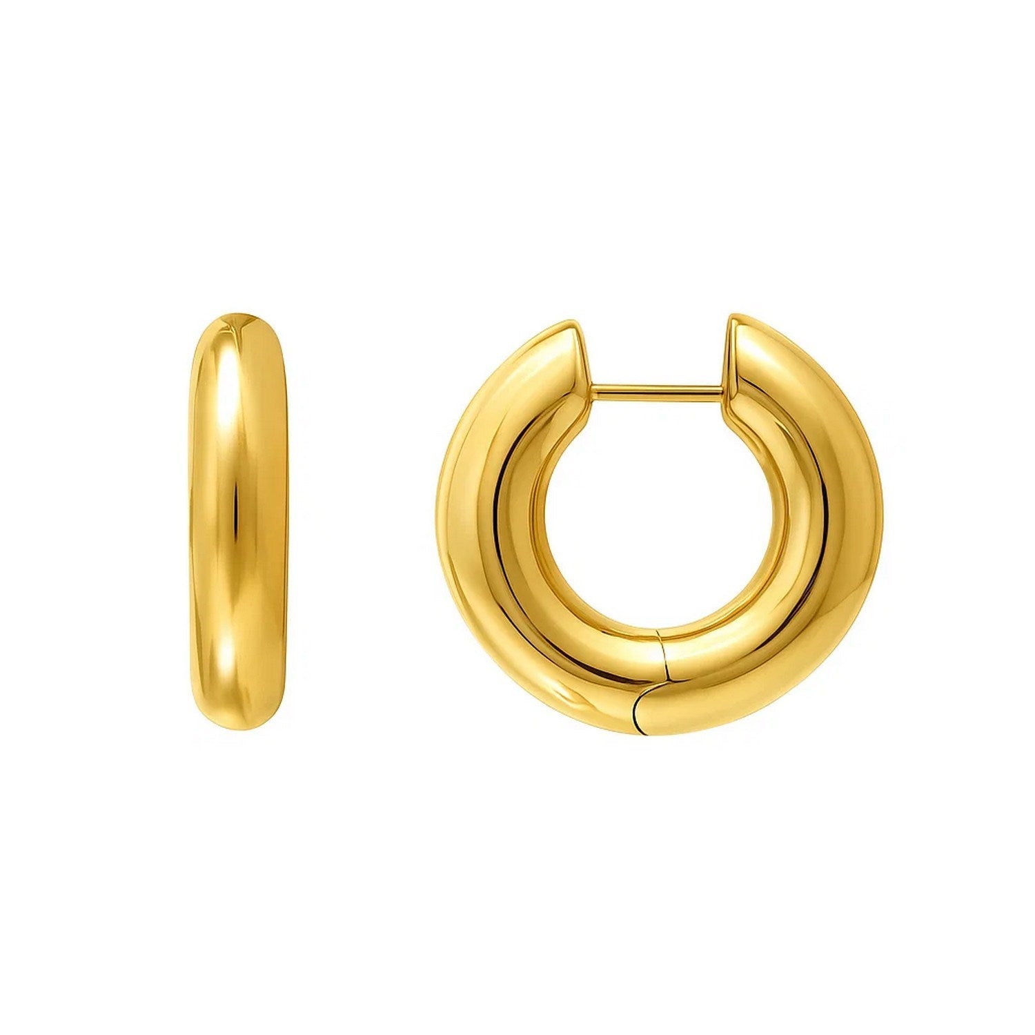 Large round electroform hoop earrings in 14K yellow gold with a snap clasp.
