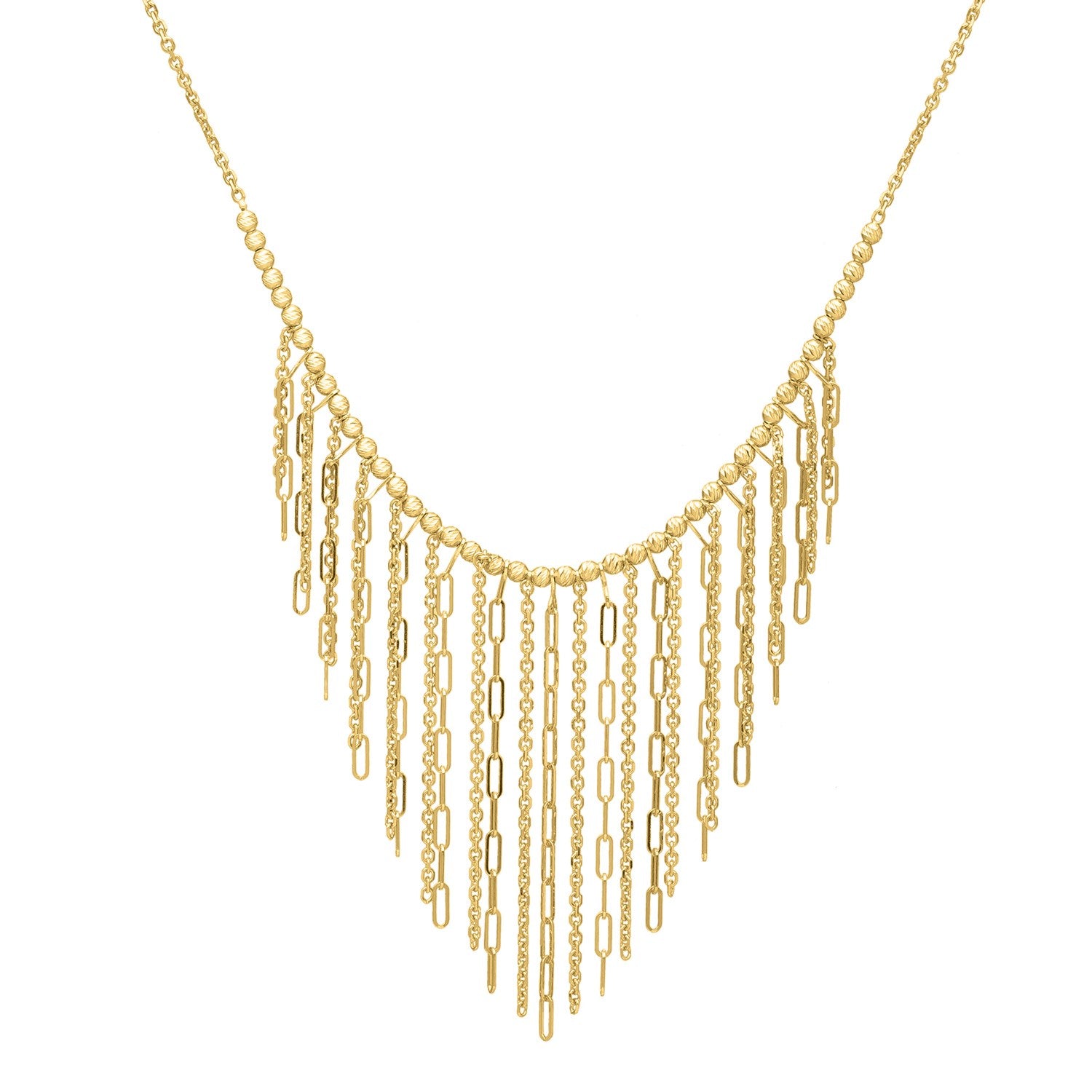 Graduated fringe necklace in 14K yellow gold with textured beads and varying chain lengths.