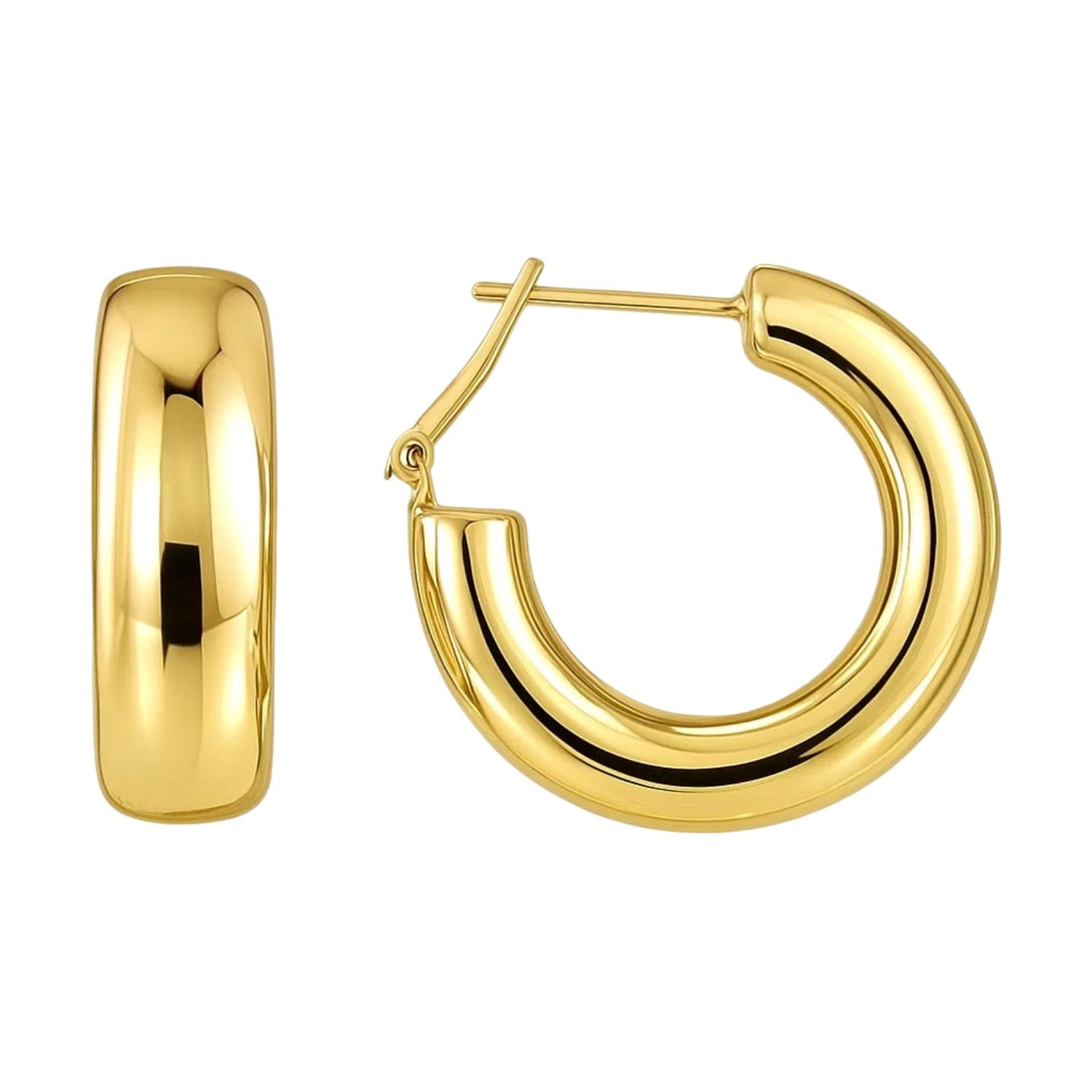 A pair of polished 14k yellow gold large omega C-hoop earrings.