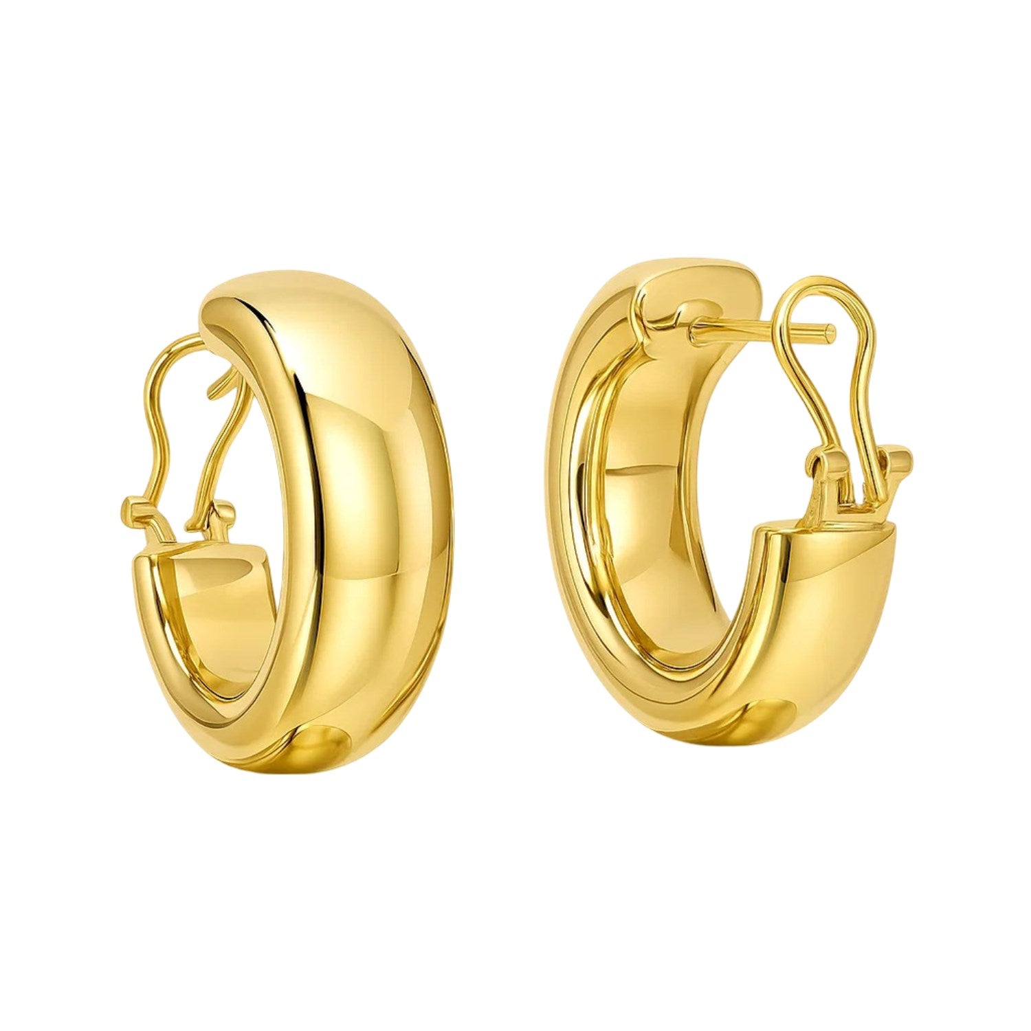 Two polished 14k yellow gold large omega C-hoop earrings with omega back closures.