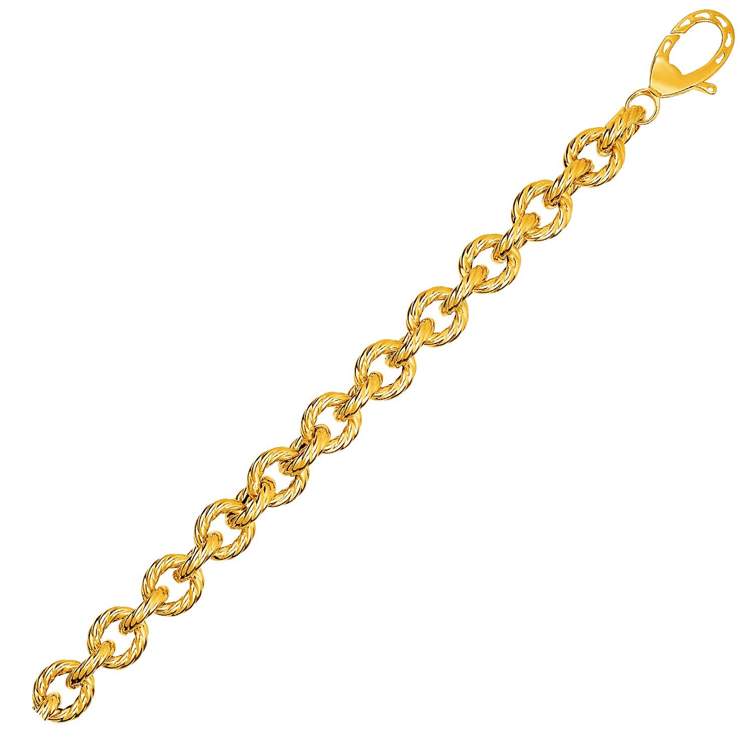Textured oval link bracelet in 14k yellow gold with a lobster clasp.