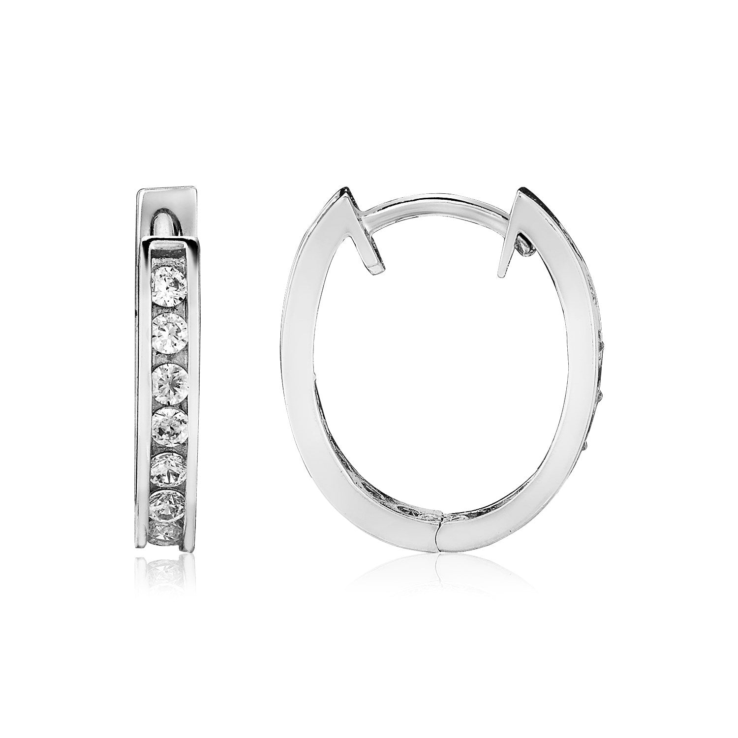Sterling silver oval hoop earrings with a row of round cubic zirconias.