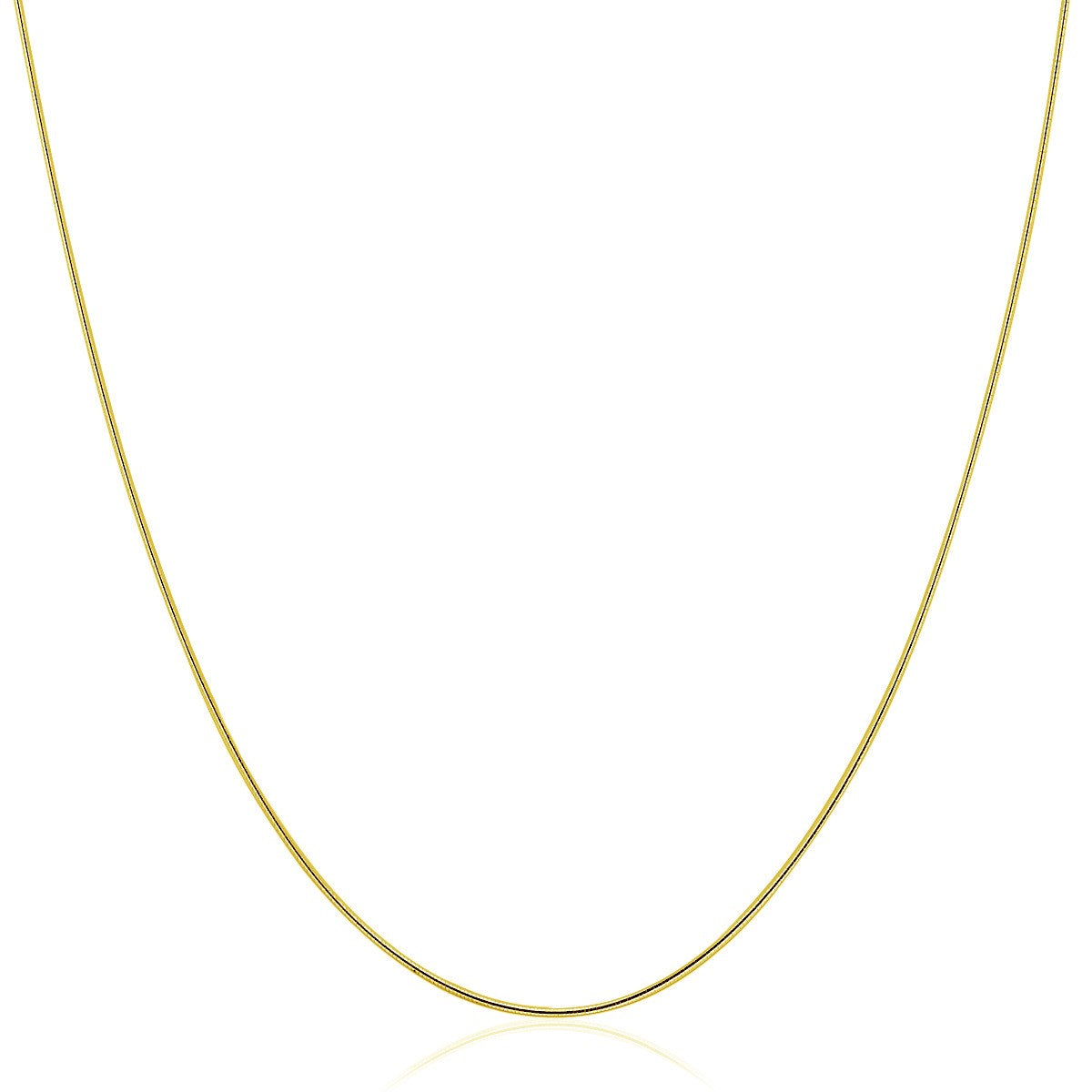 A thin, round 14k yellow gold omega necklace with a subtle reflection.