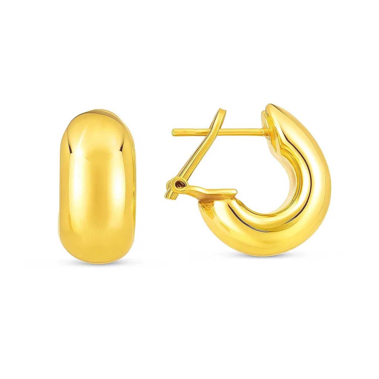 14k yellow gold small omega C-hoop earrings with a high polish finish.