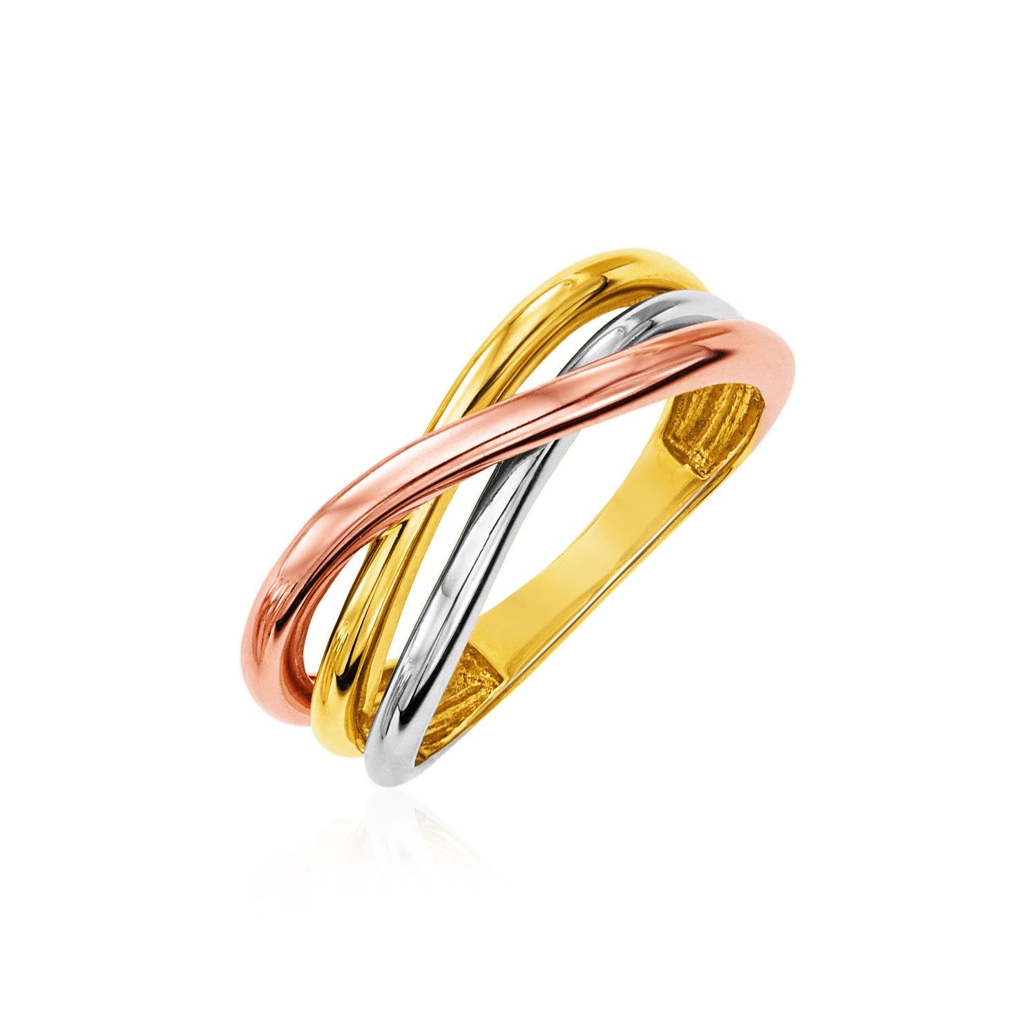 14k tri-color gold twist style ring with yellow, white, and rose gold bands.