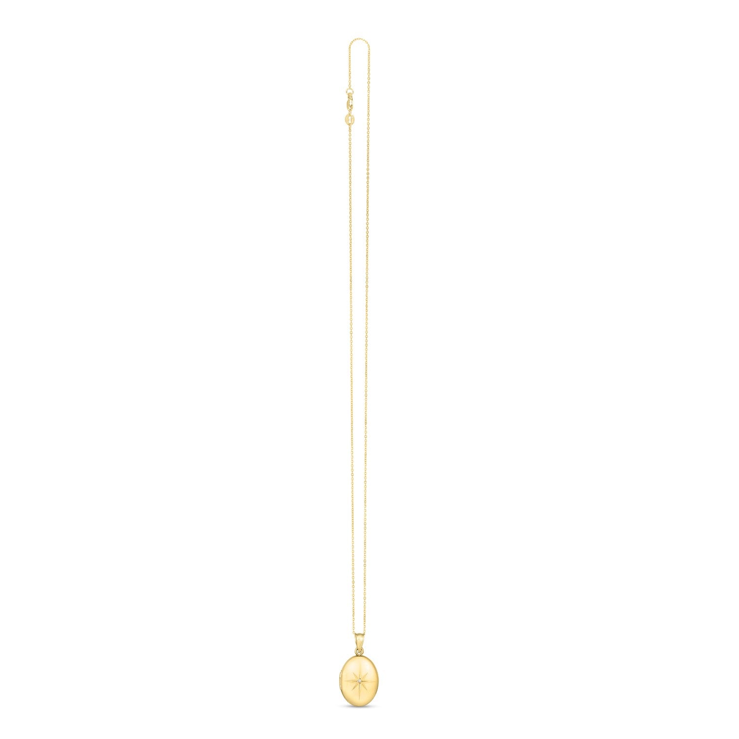 14k yellow gold oval North Star locket necklace with a rolo chain.