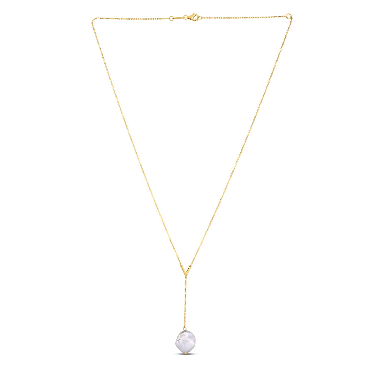 14k yellow gold lariat necklace with a white baroque pearl.