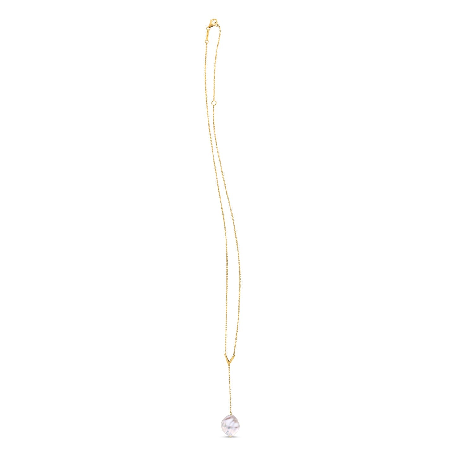 14k yellow gold lariat necklace with a single pearl drop.