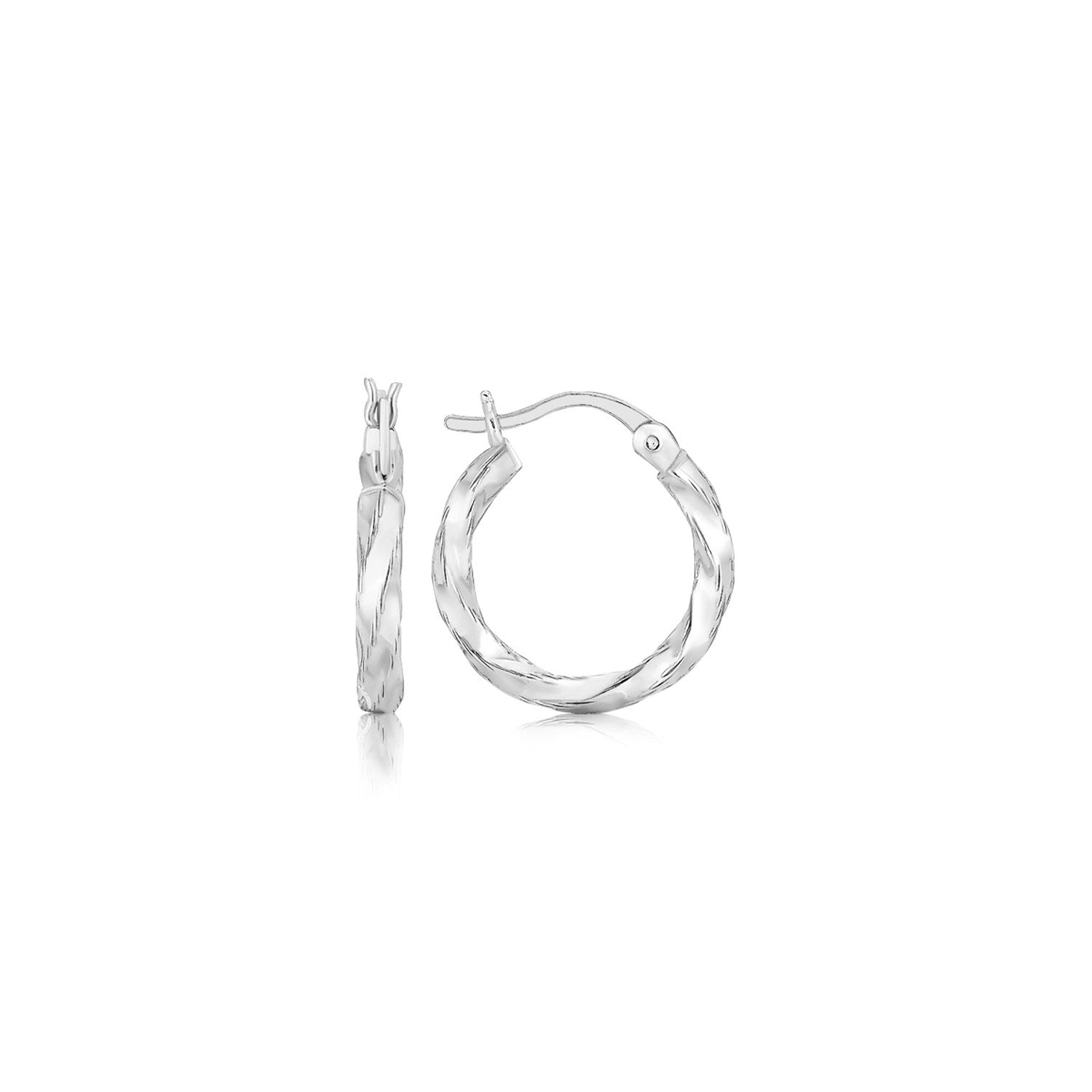 Sterling silver spiral style polished hoop earrings with snap locks.
